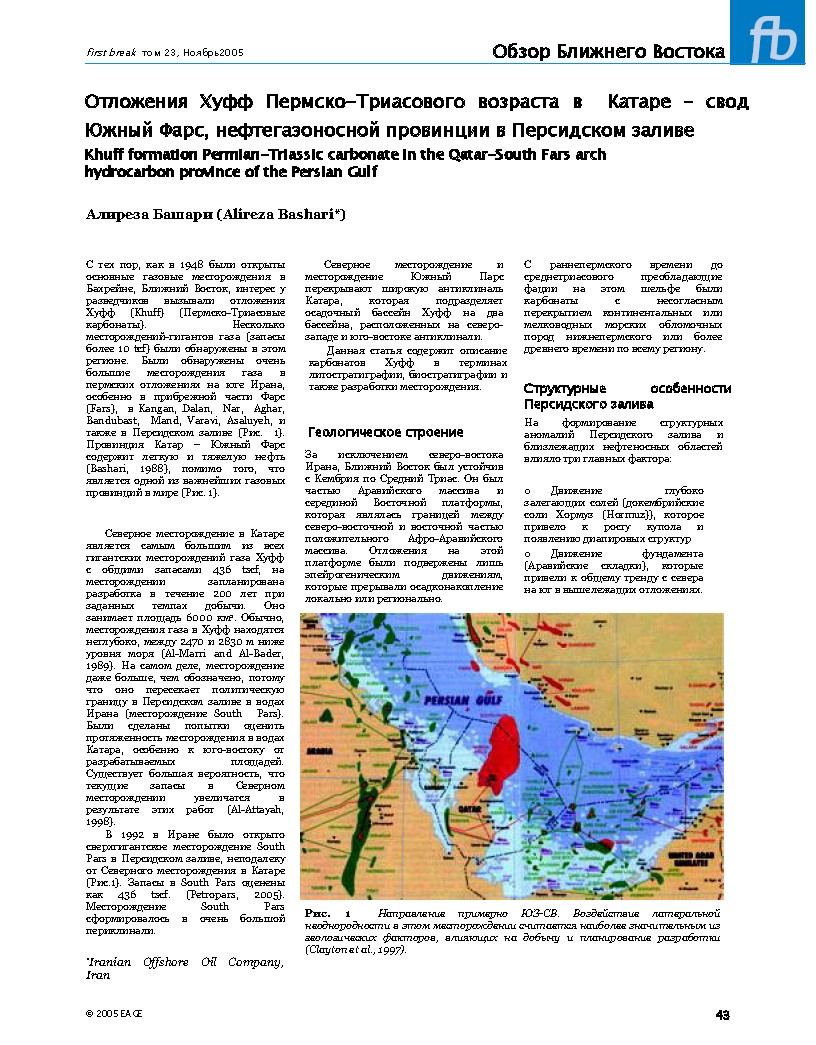 Отложения Хуфф Пермско-Триасового возраста в Катаре - свод Южный Фарс, нефтегазоносной провинции в Персидском заливе