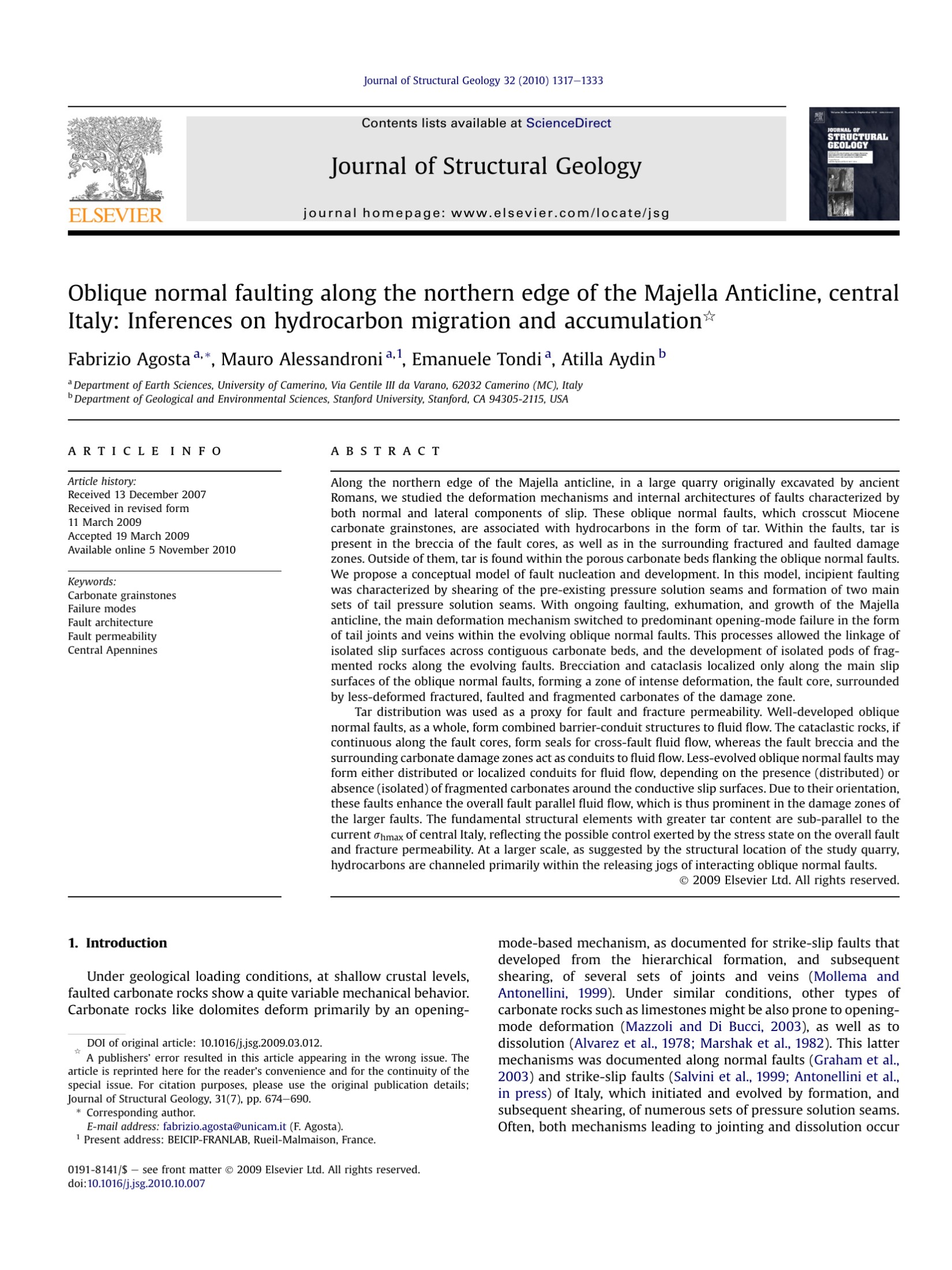 Oblique normal faulting along the northern edge of the Majella Anticline, central Italy: Inferences on hydrocarbon migration and accumulation
