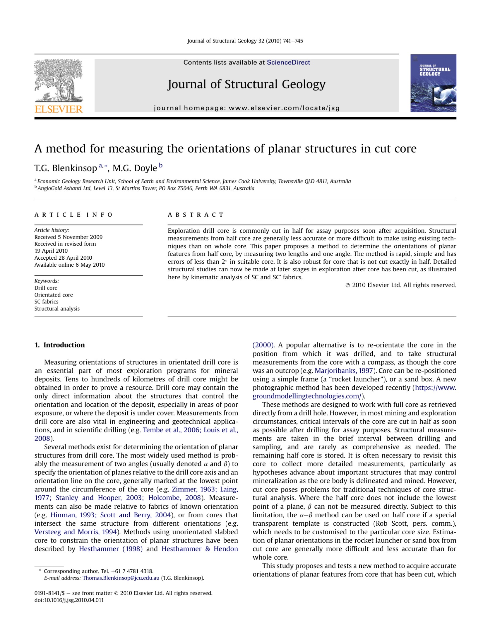 A method for measuring the orientations of planar structures in cut core