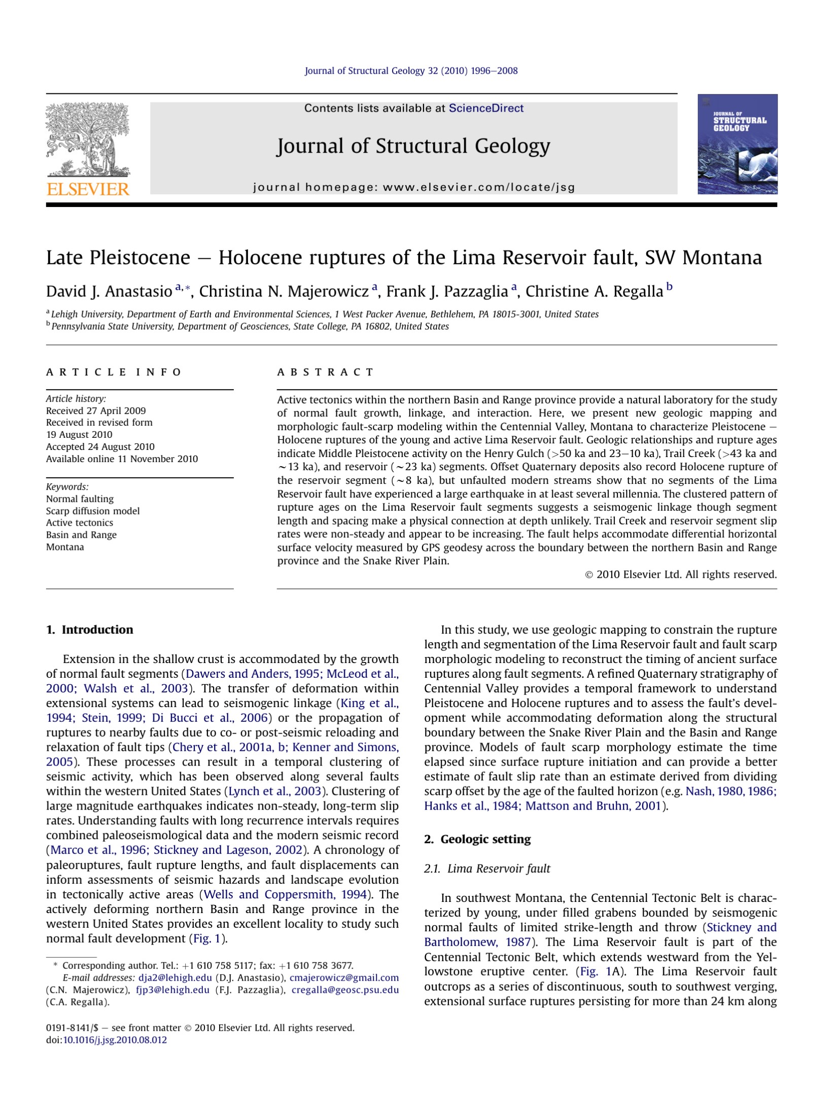 Late Pleistocene e Holocene ruptures of the Lima Reservoir fault, SW Montana