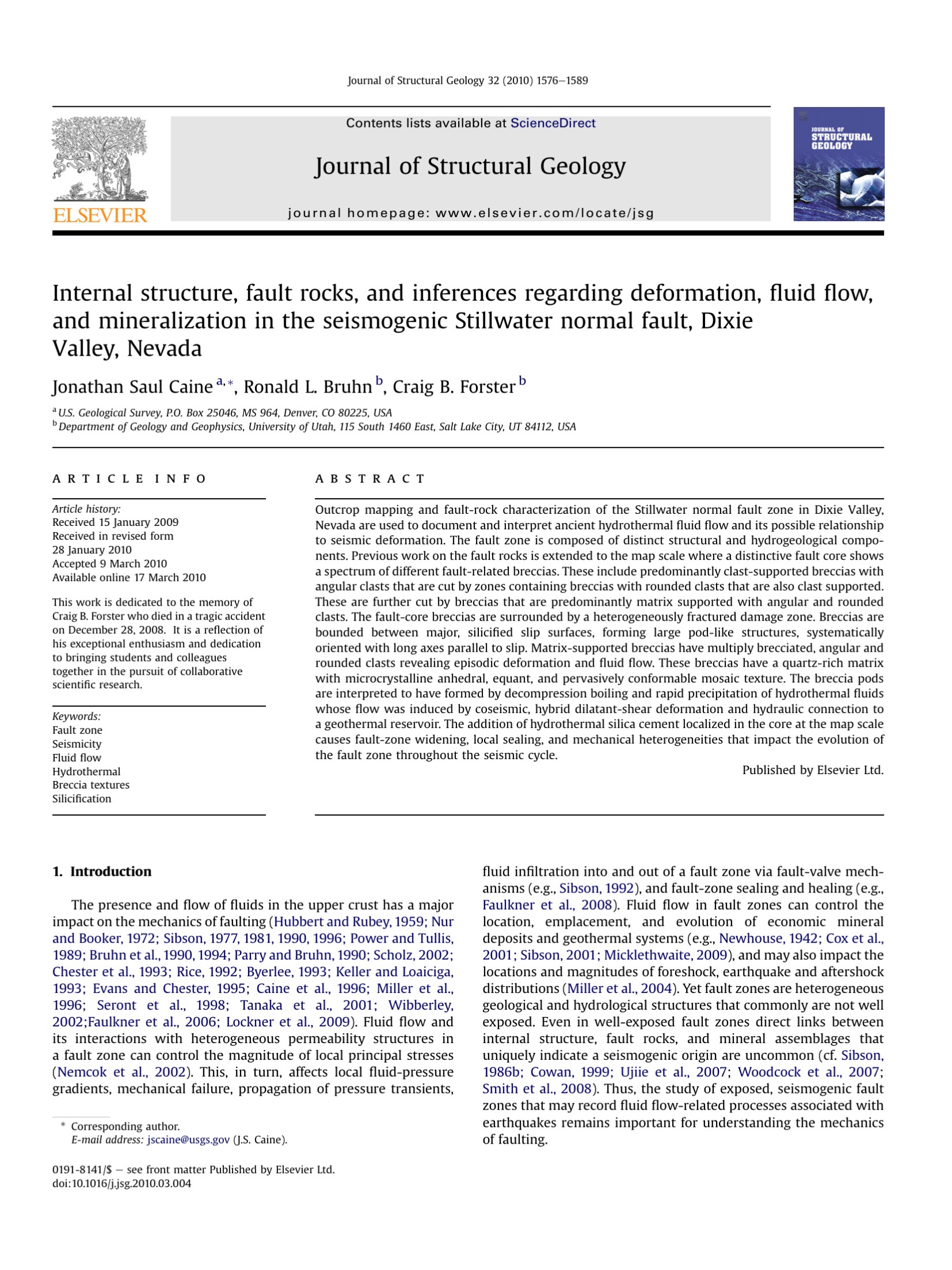Internal structure, fault rocks, and inferences regarding deformation, fluid flow, and mineralization in the seismogenic Stillwater normal fault, Dixie Valley, Nevada