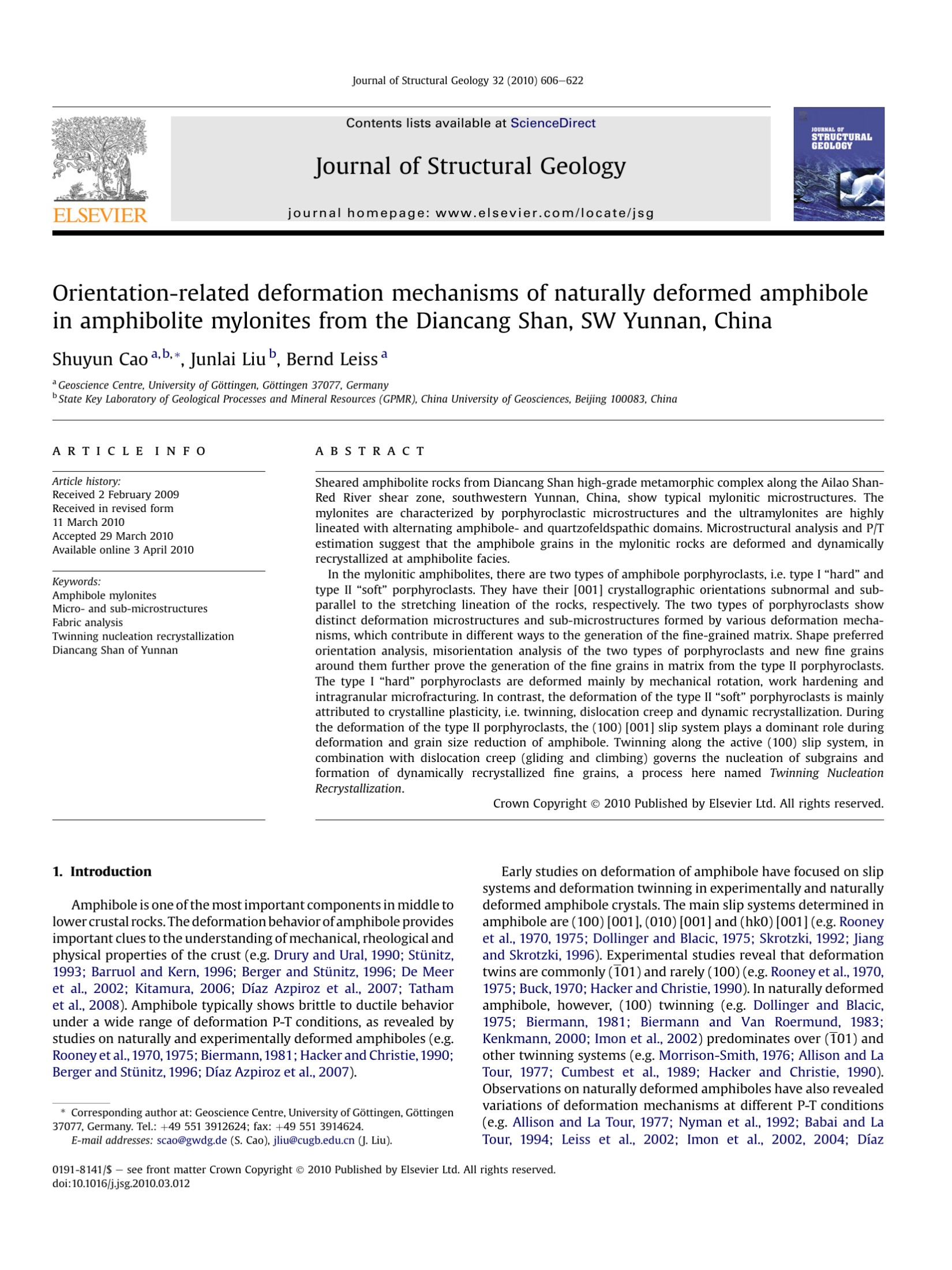 Orientation-related deformation mechanisms of naturally deformed amphibole in amphibolite mylonites from the Diancang Shan, SW Yunnan, China