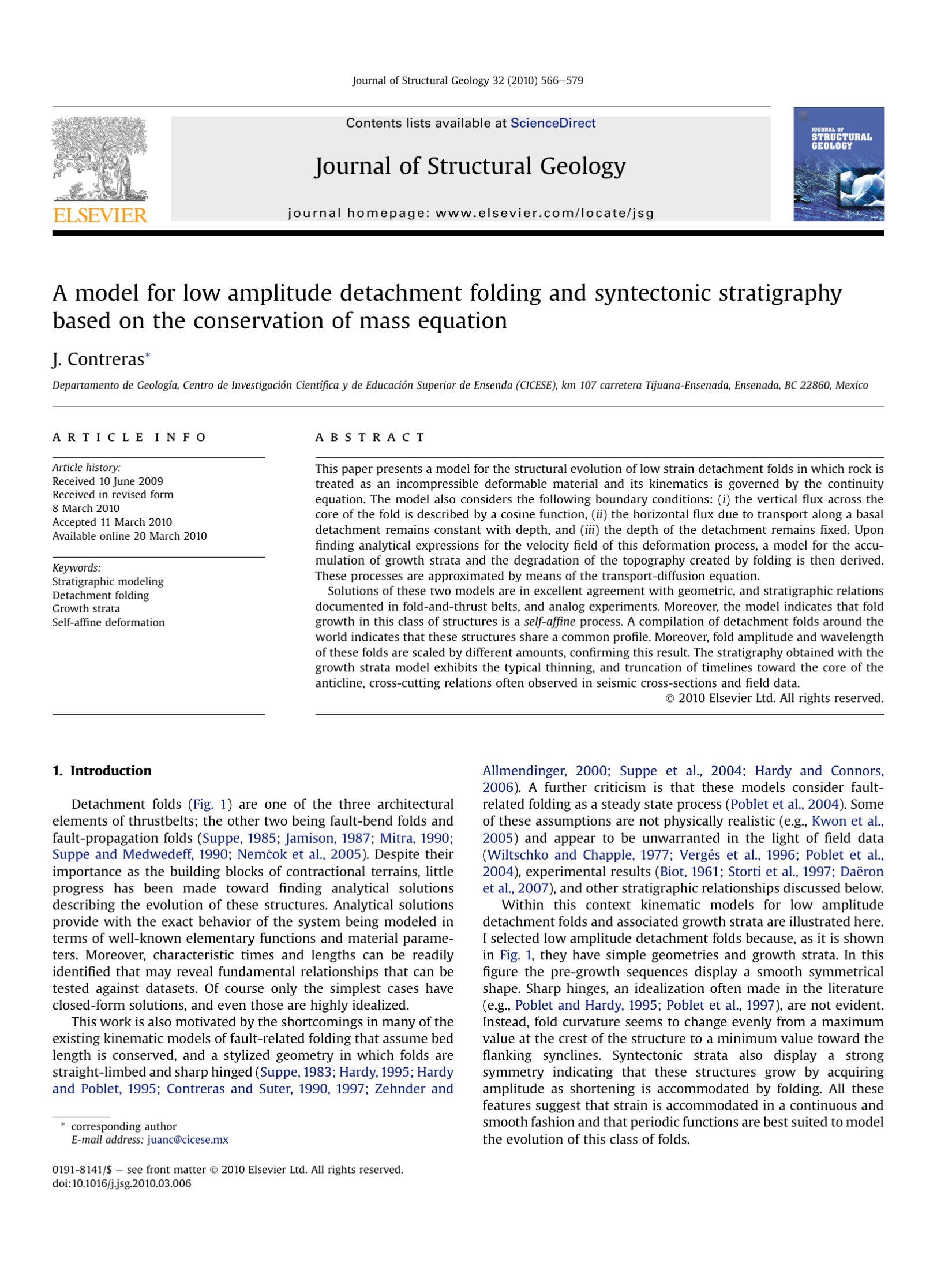 A model for low amplitude detachment folding and syntectonic stratigraphy based on the conservation of mass equation