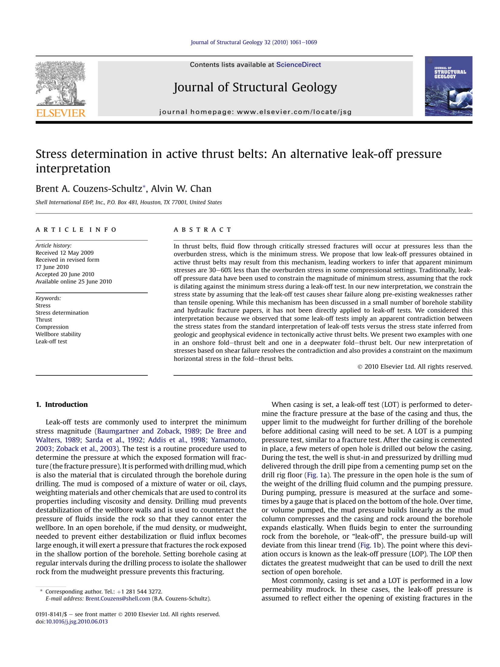 Stress determination in active thrust belts: An alternative leak-off pressure interpretation
