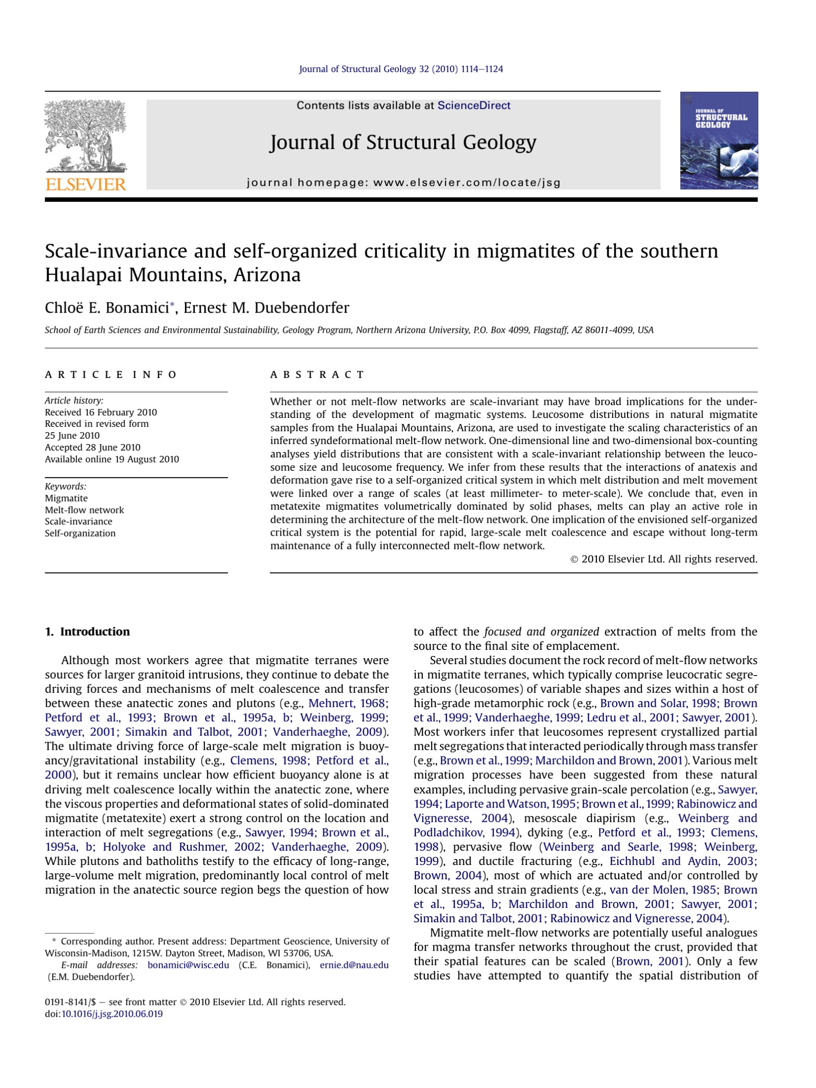 Scale-invariance and self-organized criticality in migmatites of the southern Hualapai Mountains, Arizona