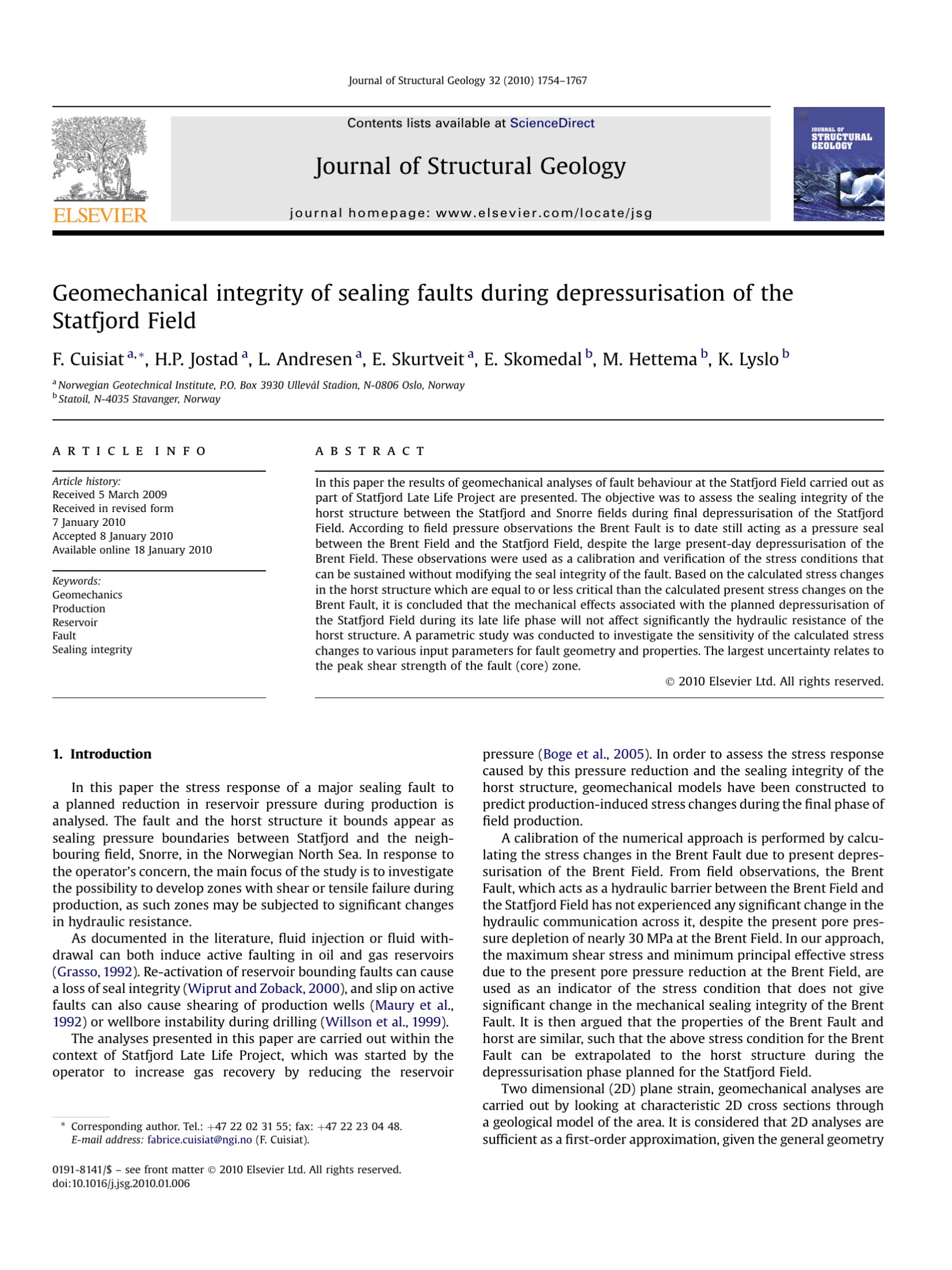Geomechanical integrity of sealing faults during depressurisation of the Statfjord Field