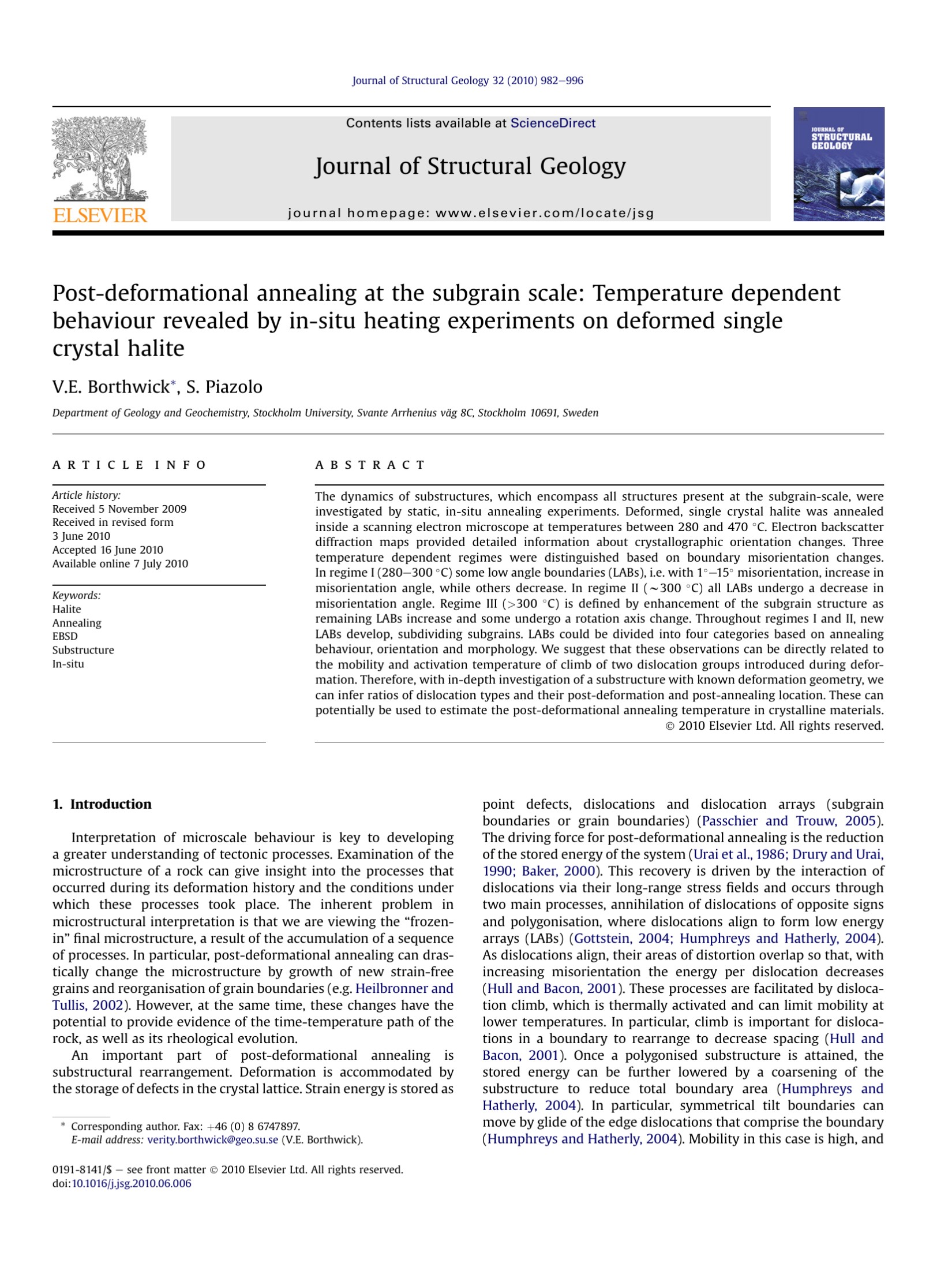Post-deformational annealing at the subgrain scale: Temperature dependent behaviour revealed by in-situ heating experiments on deformed single crystal halite