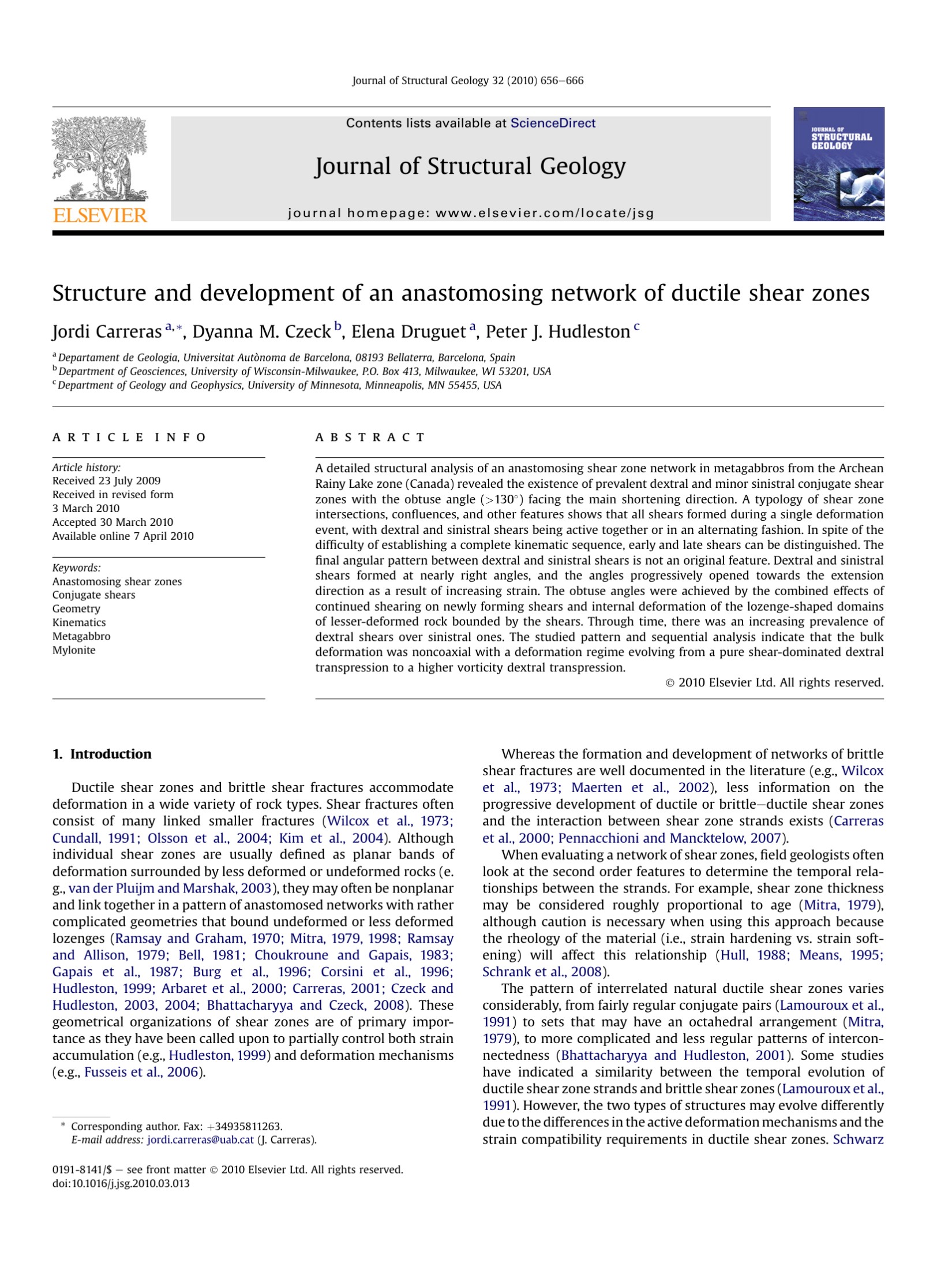 Structure and development of an anastomosing network of ductile shear zones