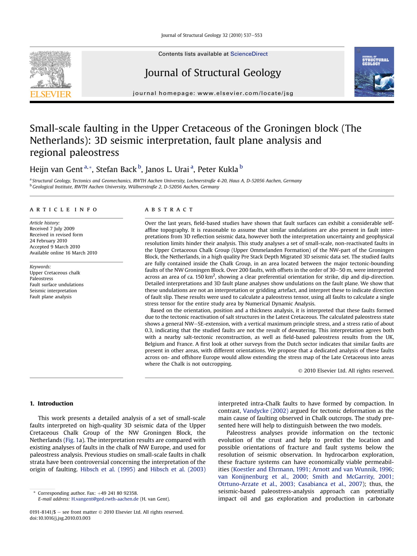 Small-scale faulting in the Upper Cretaceous of the Groningen block (The Netherlands): 3D seismic interpretation, fault plane analysis and regional paleostress