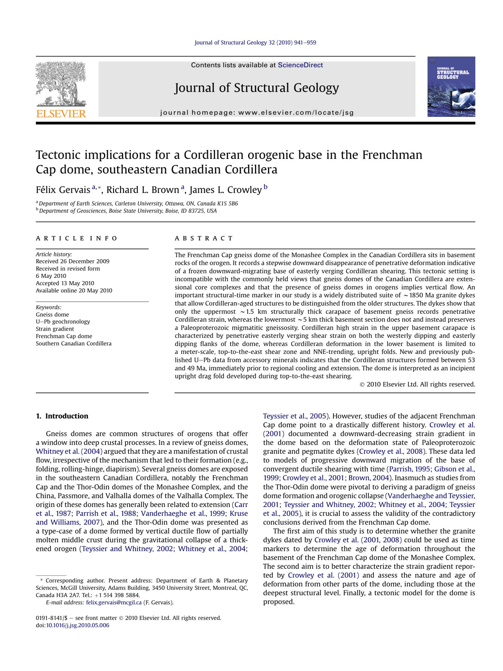 Tectonic implications for a Cordilleran orogenic base in the Frenchman Cap dome, southeastern Canadian Cordillera