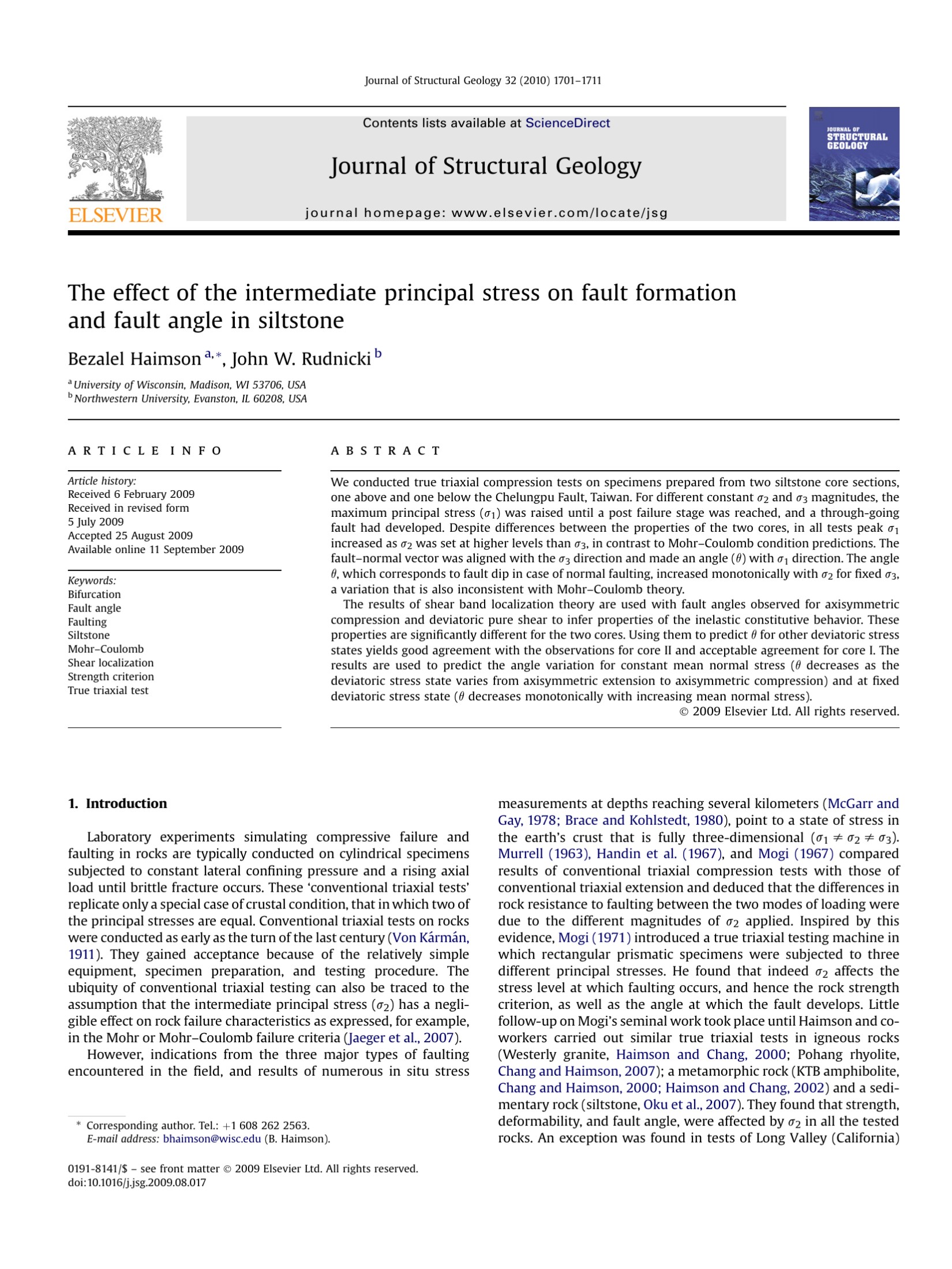 The effect of the intermediate principal stress on fault formation and fault angle in siltstone