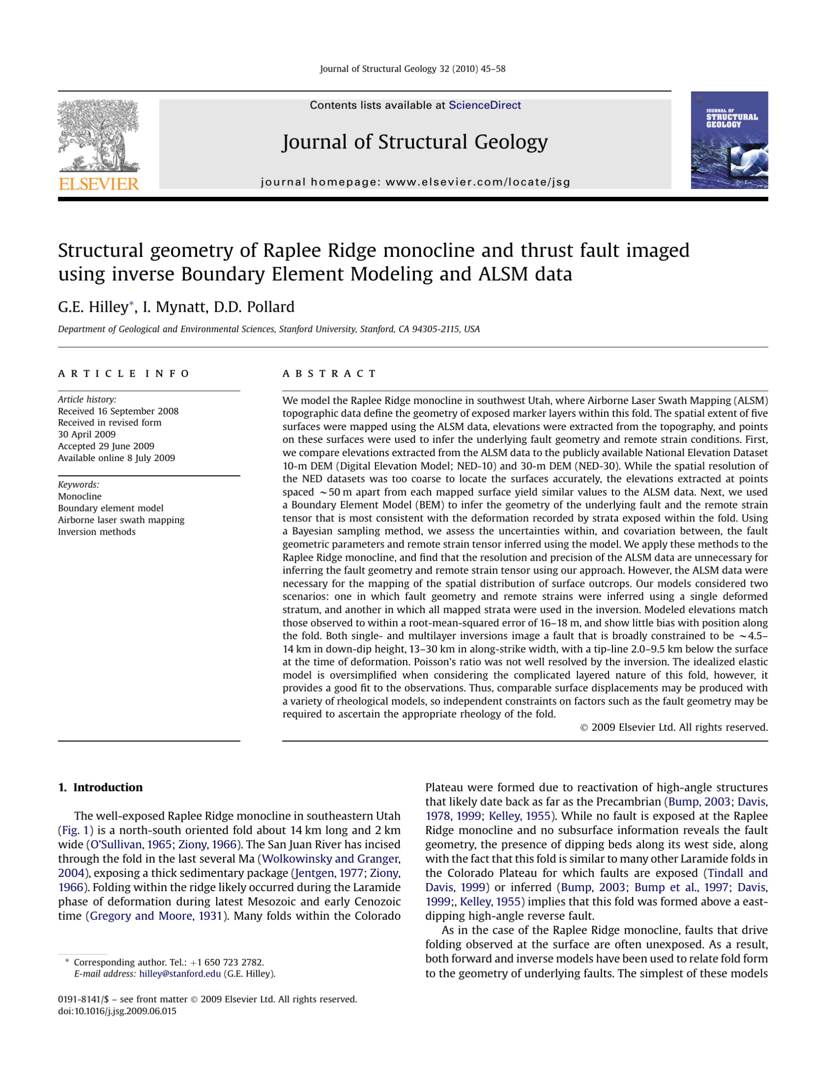 Structural geometry of Raplee Ridge monocline and thrust fault imaged using inverse Boundary Element Modeling and ALSM data