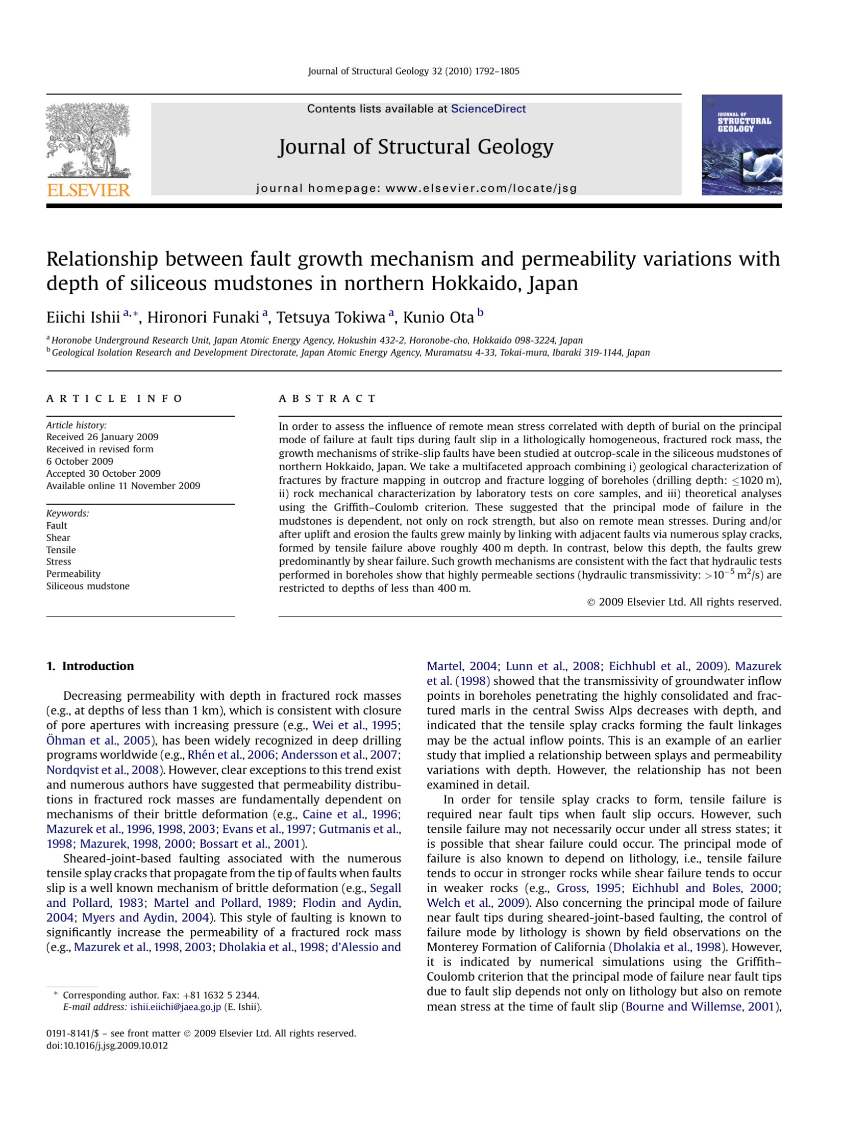 Relationship between fault growth mechanism and permeability variations with depth of siliceous mudstones in northern Hokkaido, Japan
