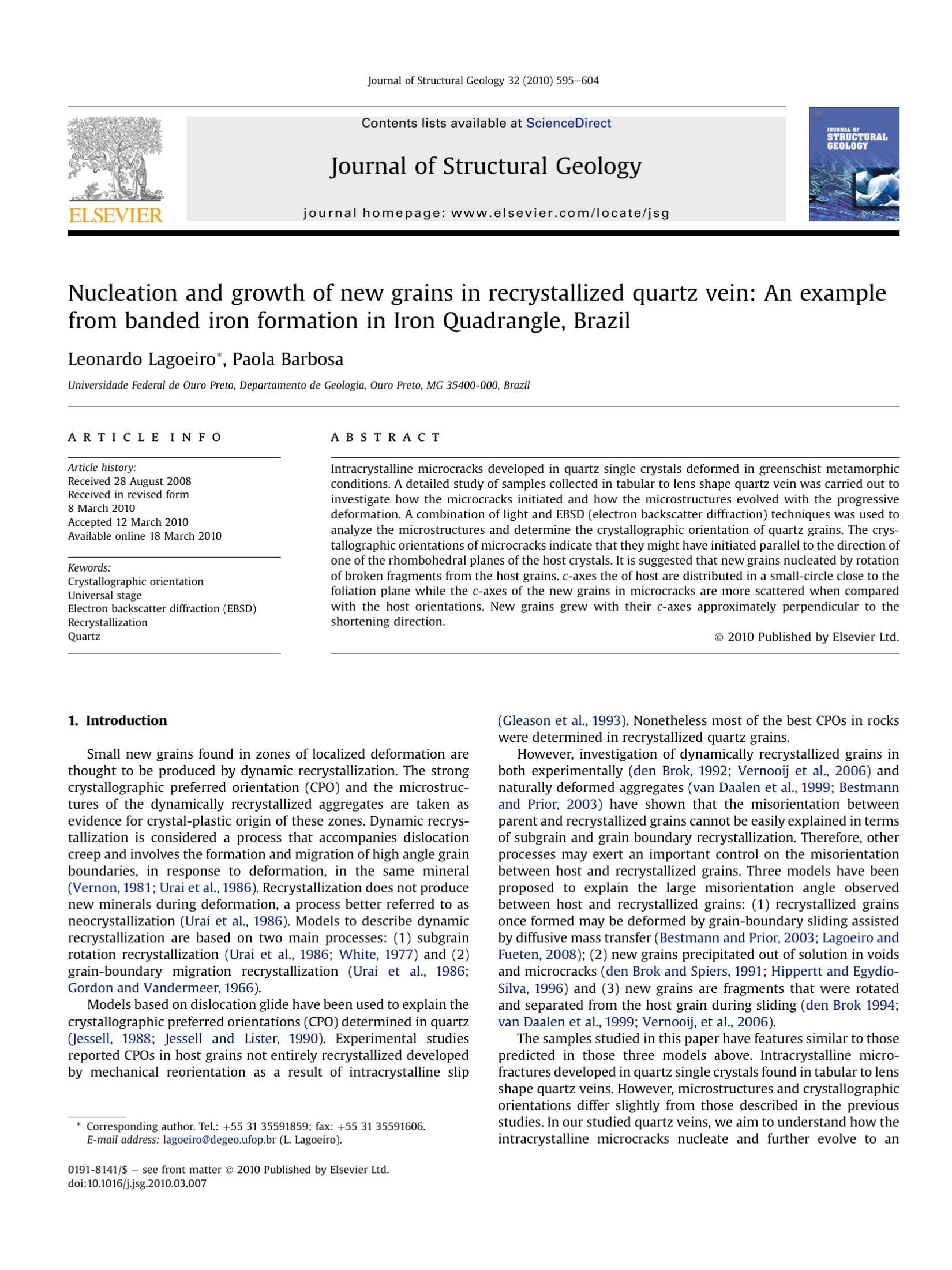 Nucleation and growth of new grains in recrystallized quartz vein: An example from banded iron formation in Iron Quadrangle, Brazil