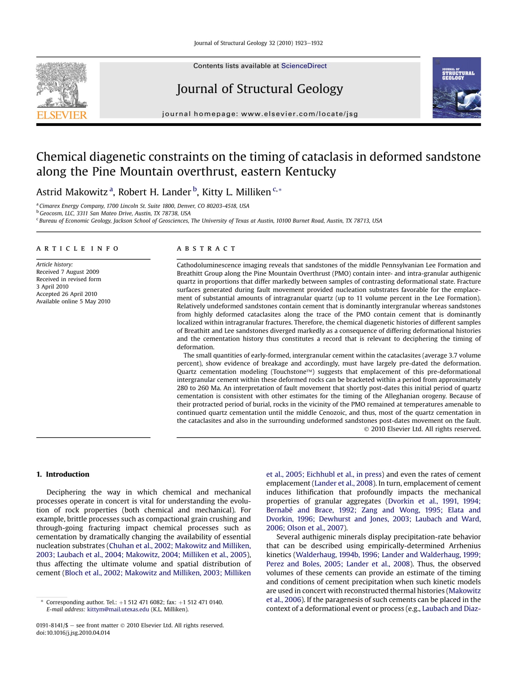 Chemical diagenetic constraints on the timing of cataclasis in deformed sandstone along the Pine Mountain overthrust, eastern Kentucky