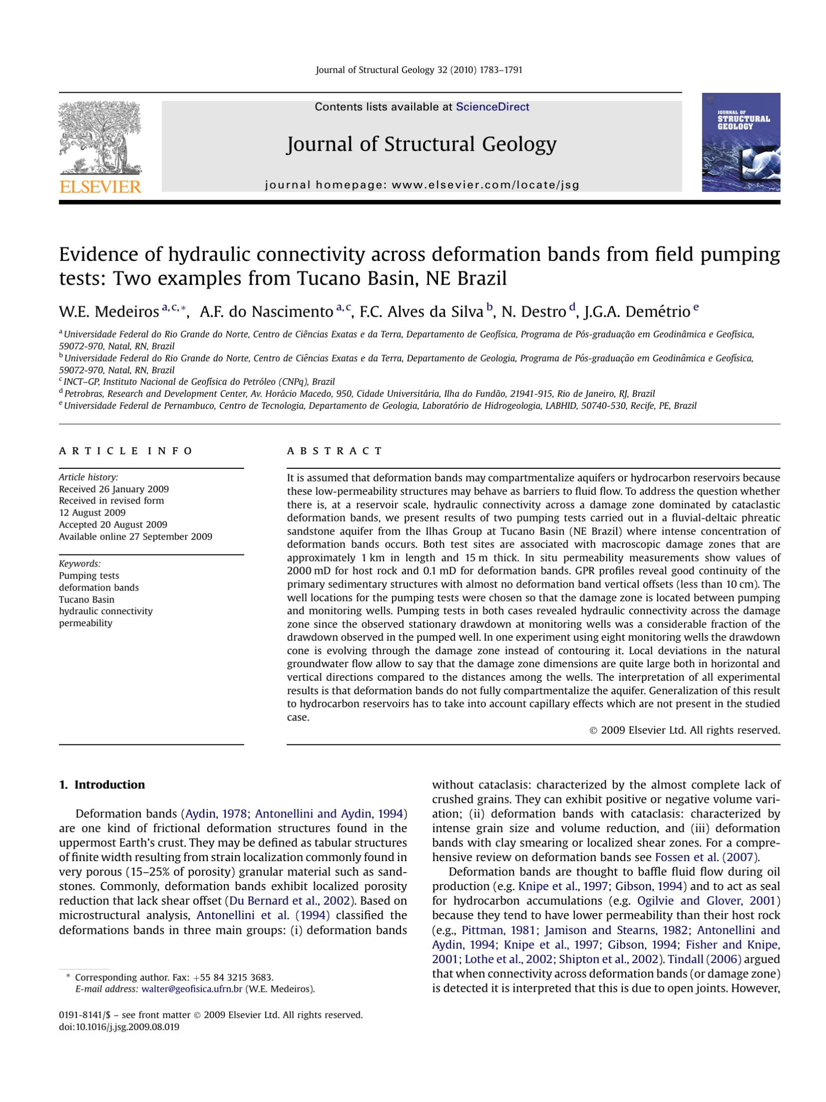Evidence of hydraulic connectivity across deformation bands from field pumping tests: Two examples from Tucano Basin, NE Brazil