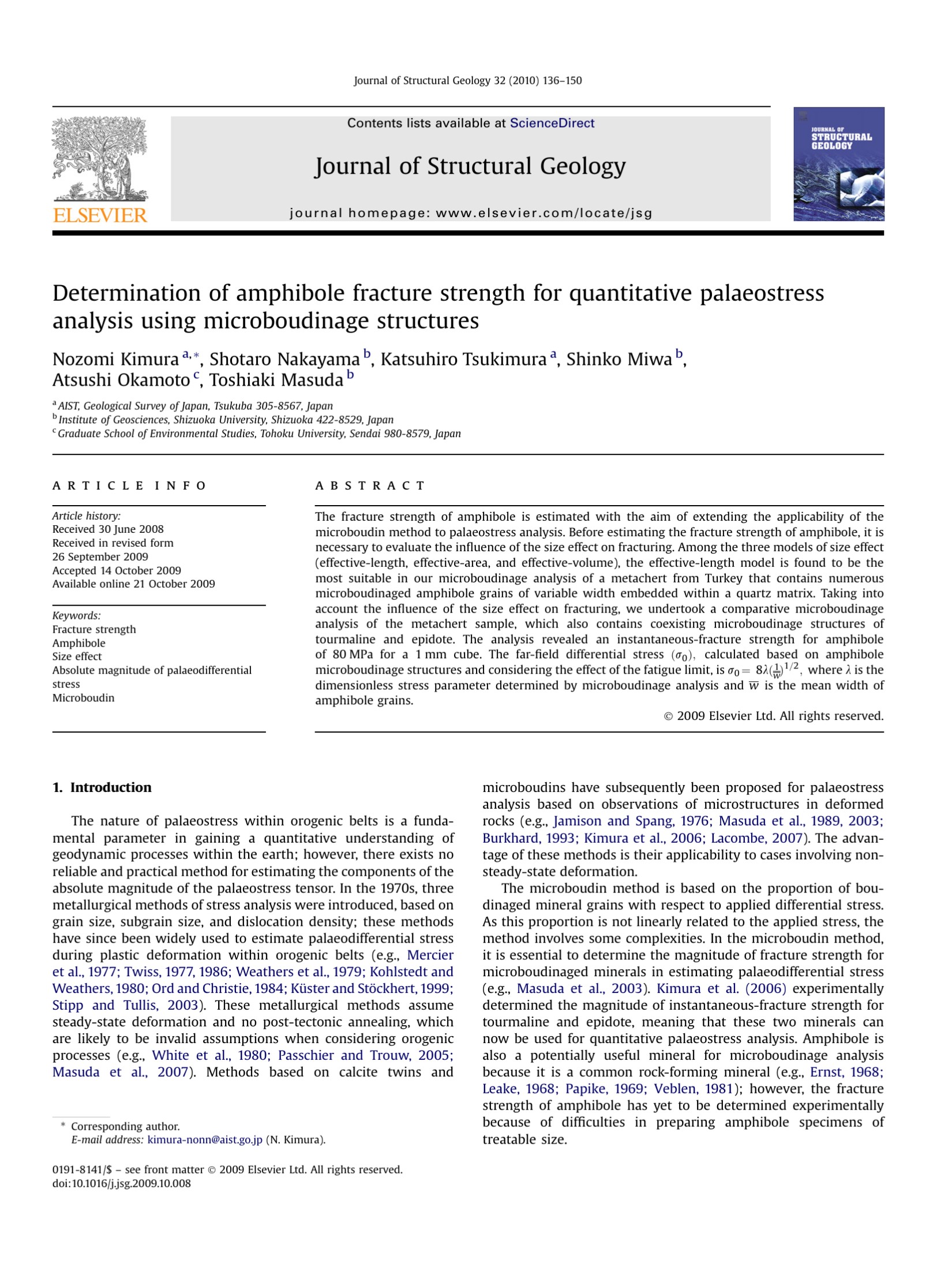 Determination of amphibole fracture strength for quantitative palaeostress analysis using microboudinage structures