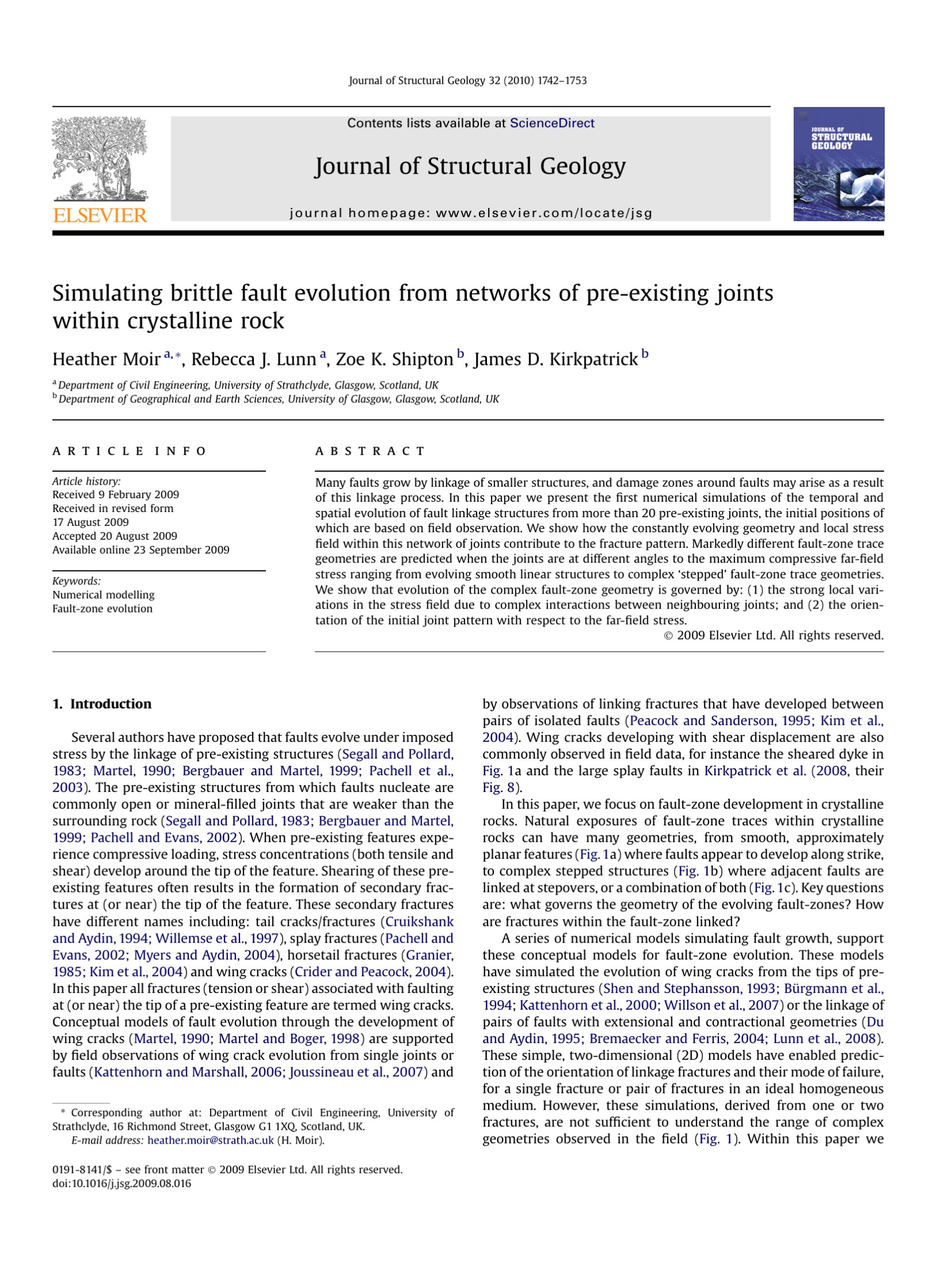 Simulating brittle fault evolution from networks of pre-existing joints within crystalline rock