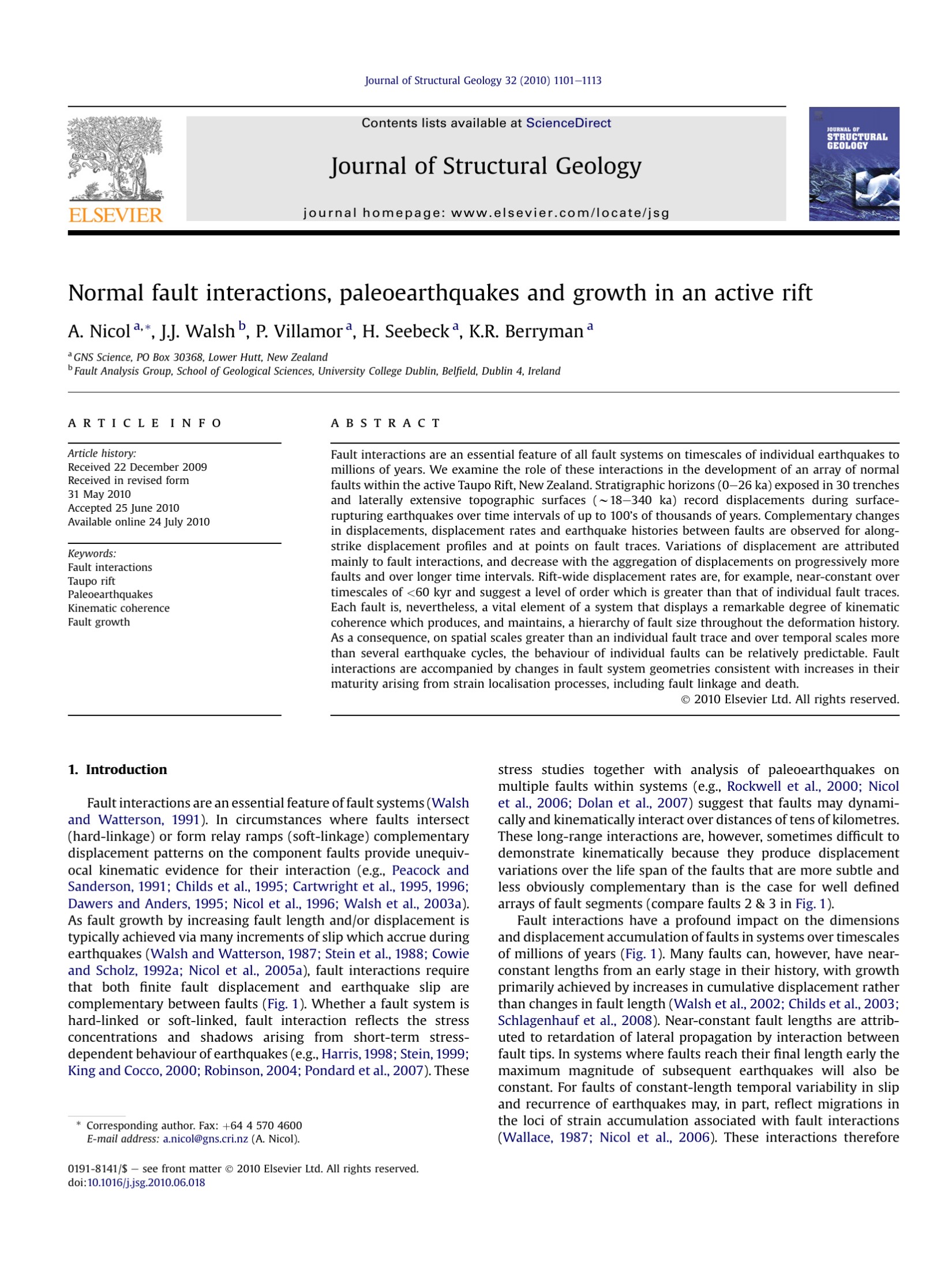 Normal fault interactions, paleoearthquakes and growth in an active rift
