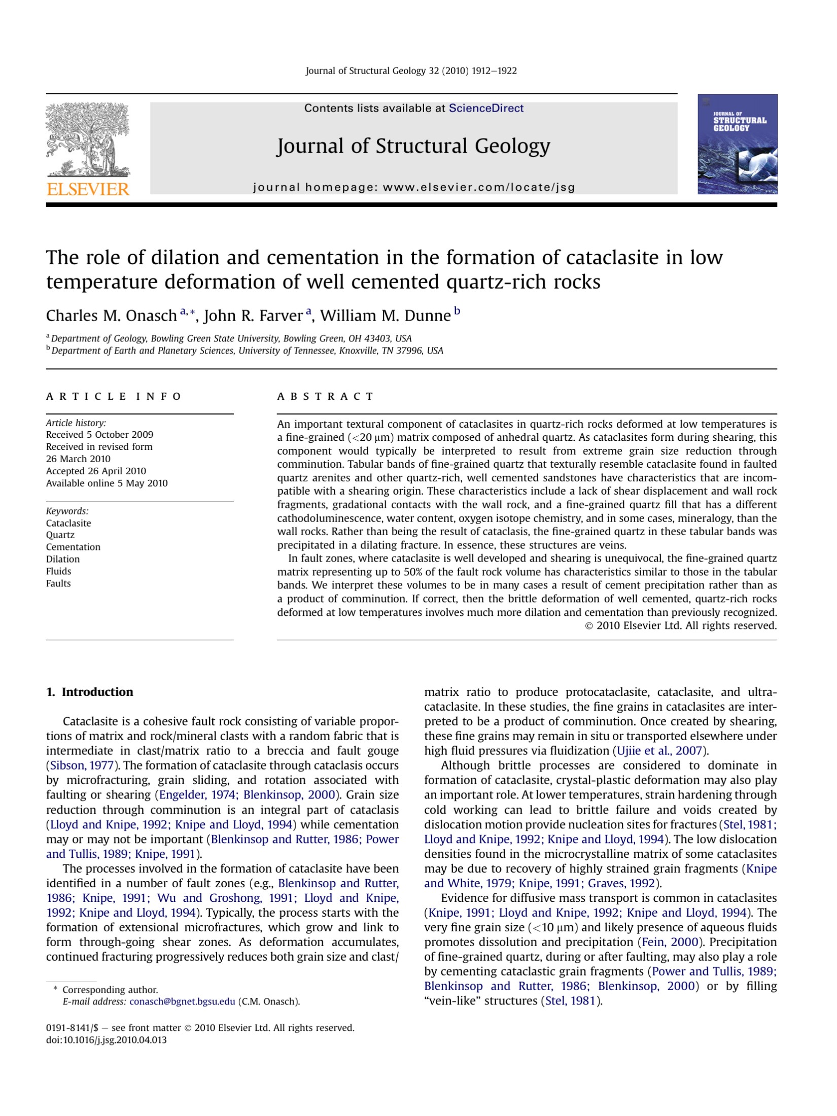 The role of dilation and cementation in the formation of cataclasite in low temperature deformation of well cemented quartz-rich rocks