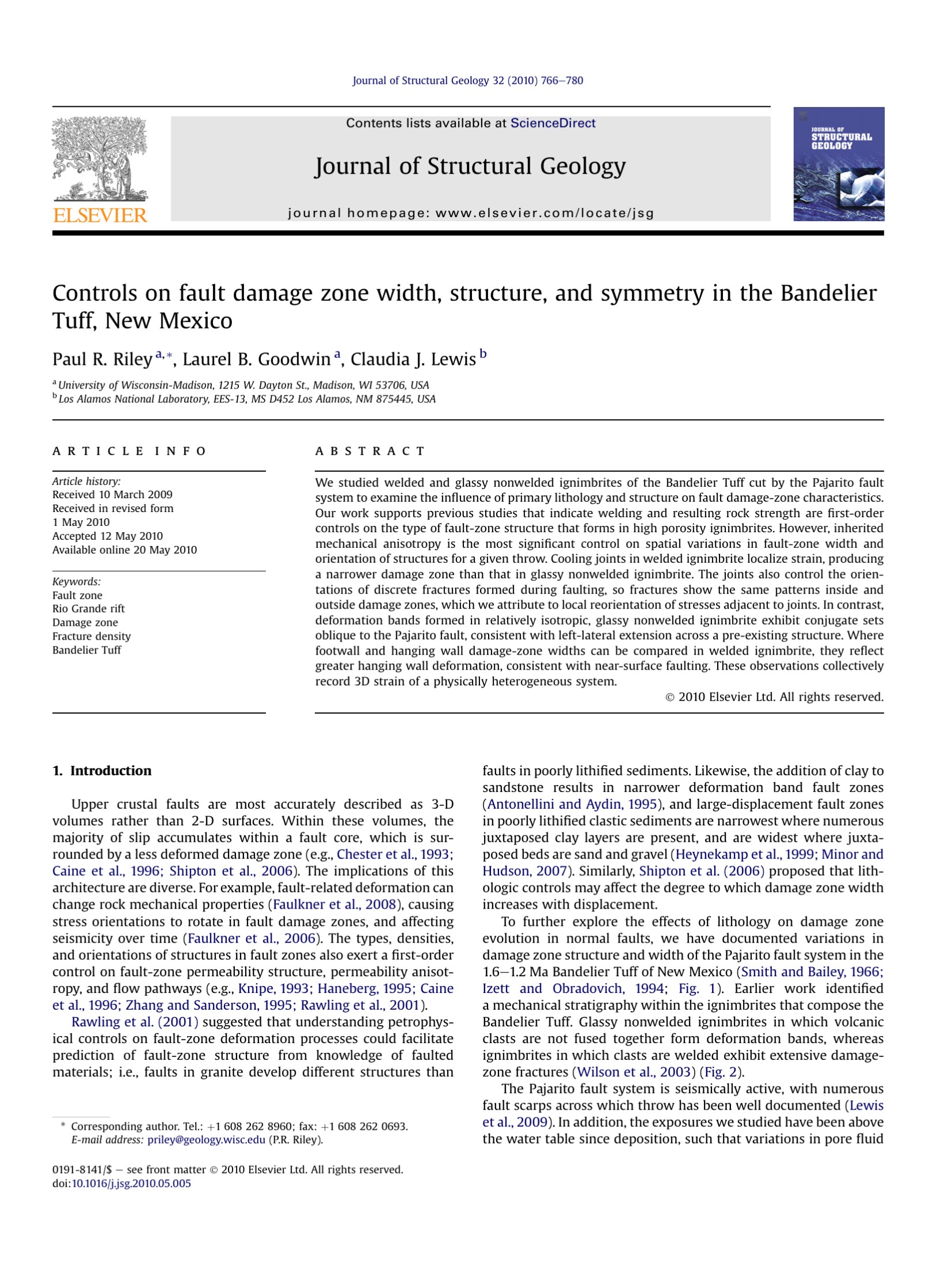 Controls on fault damage zone width, structure, and symmetry in the Bandelier Tuff, New Mexico