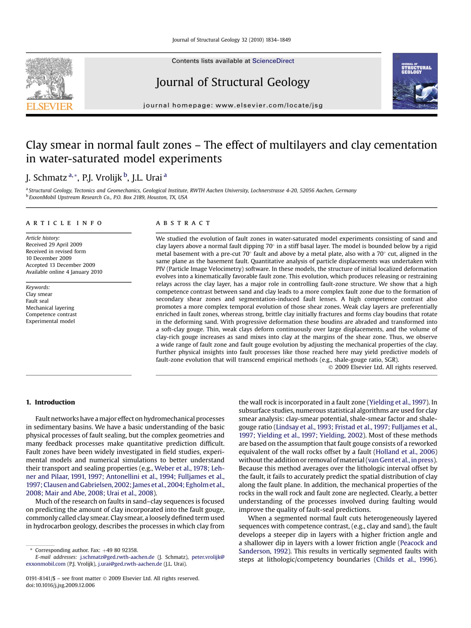 Clay smear in normal fault zones – The effect of multilayers and clay cementation in water-saturated model experiments