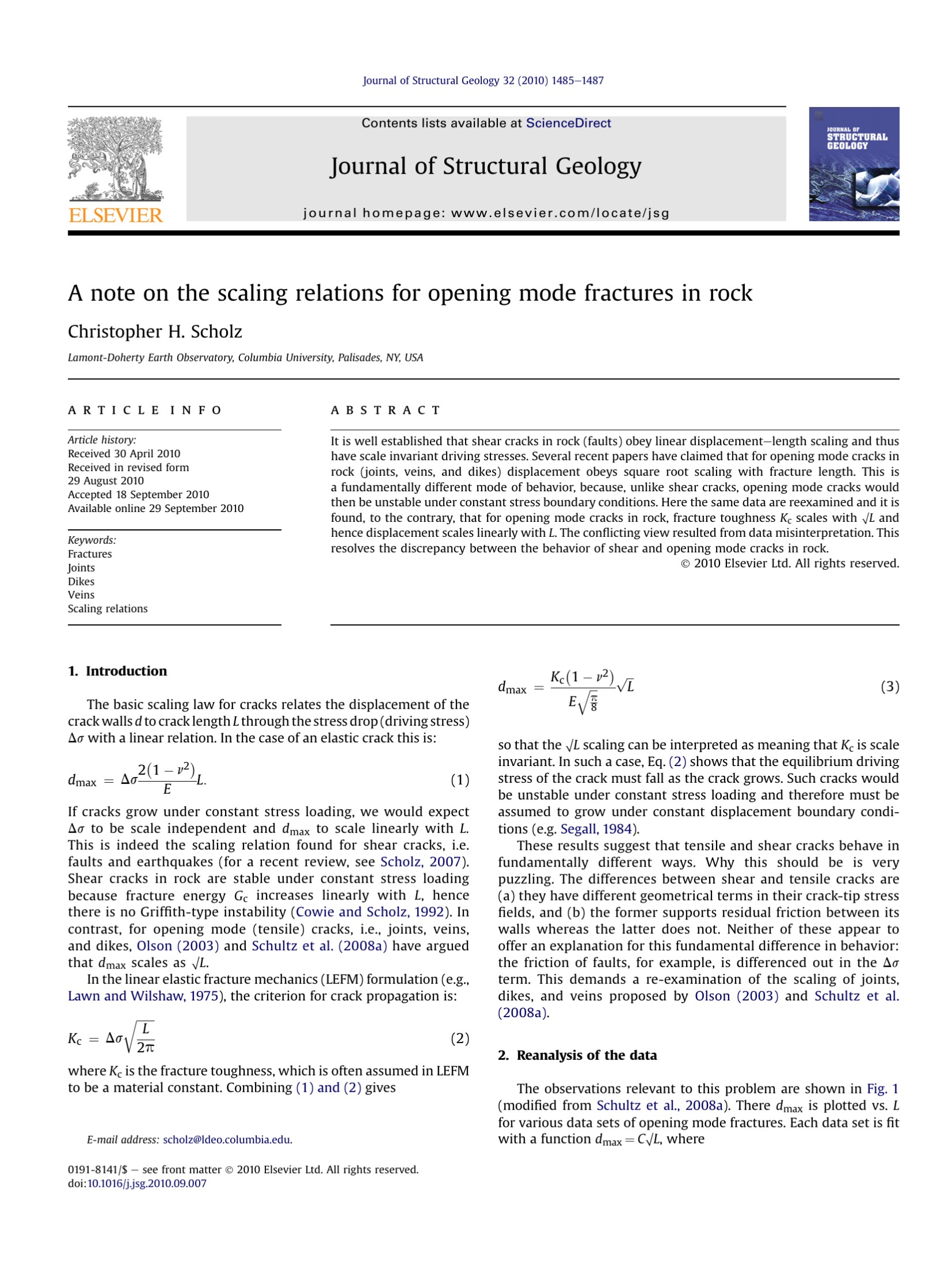 A note on the scaling relations for opening mode fractures in rock