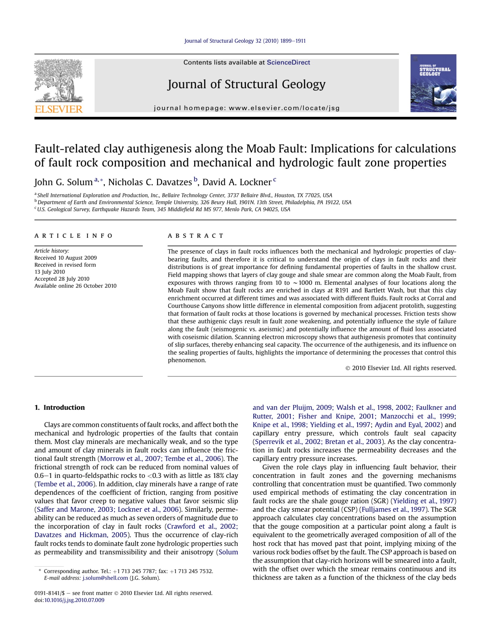 Fault-related clay authigenesis along the Moab Fault: Implications for calculations of fault rock composition and mechanical and hydrologic fault zone properties