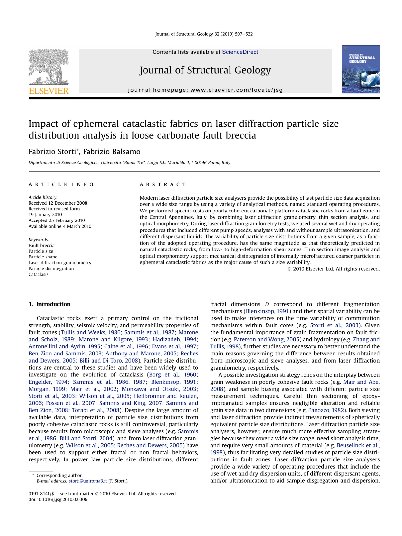 Impact of ephemeral cataclastic fabrics on laser diffraction particle size distribution analysis in loose carbonate fault breccia