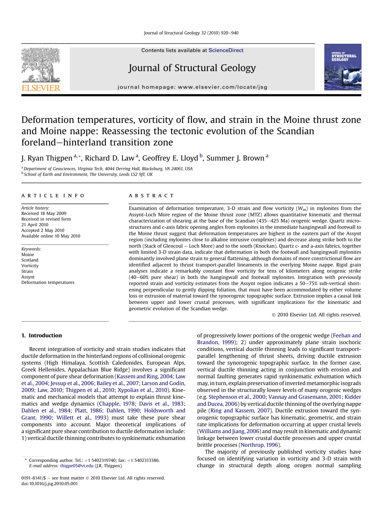 Deformation temperatures, vorticity of ?ow, and strain in the Moine thrust zone and Moine nappe: Reassessing the tectonic evolution of the Scandian forelandehinterland transition zone
