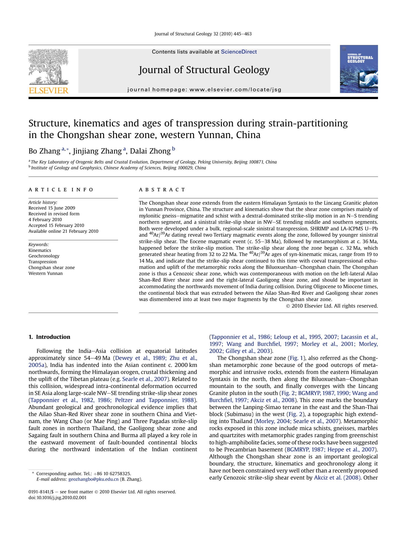 Structure, kinematics and ages of transpression during strain-partitioning in the Chongshan shear zone, western Yunnan, China
