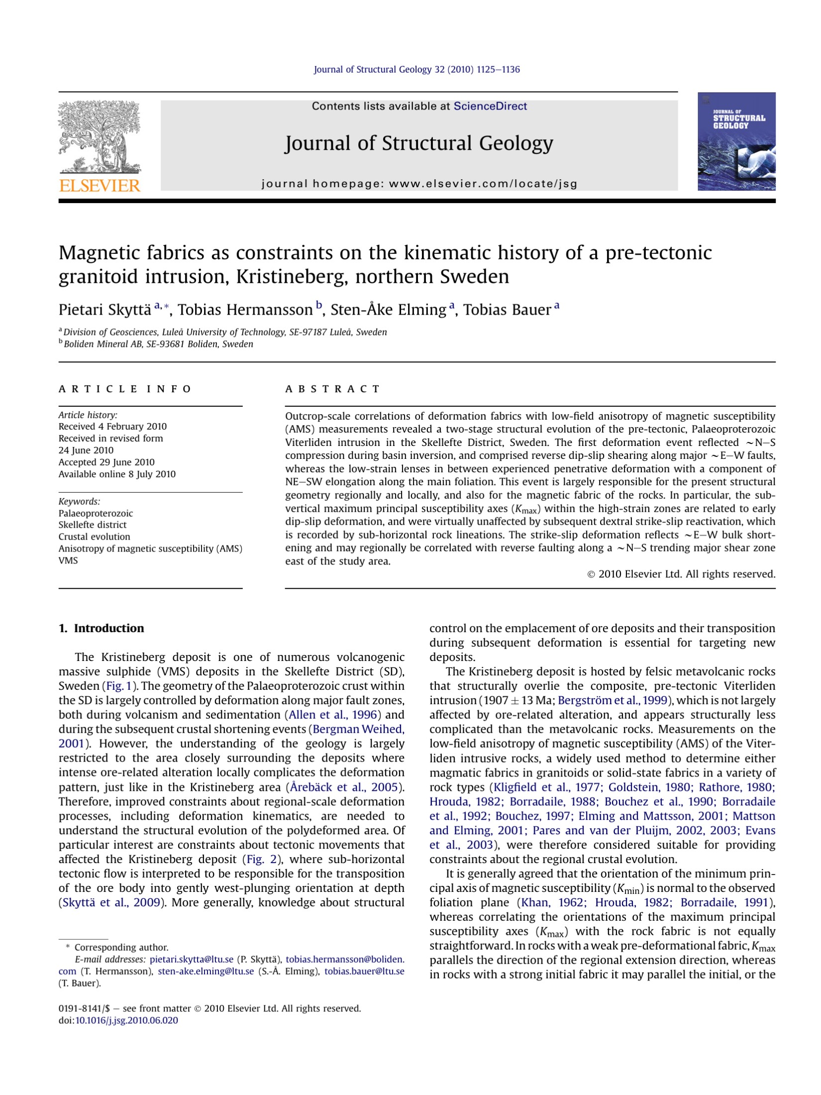 Magnetic fabrics as constraints on the kinematic history of a pre-tectonic granitoid intrusion, Kristineberg, northern Sweden