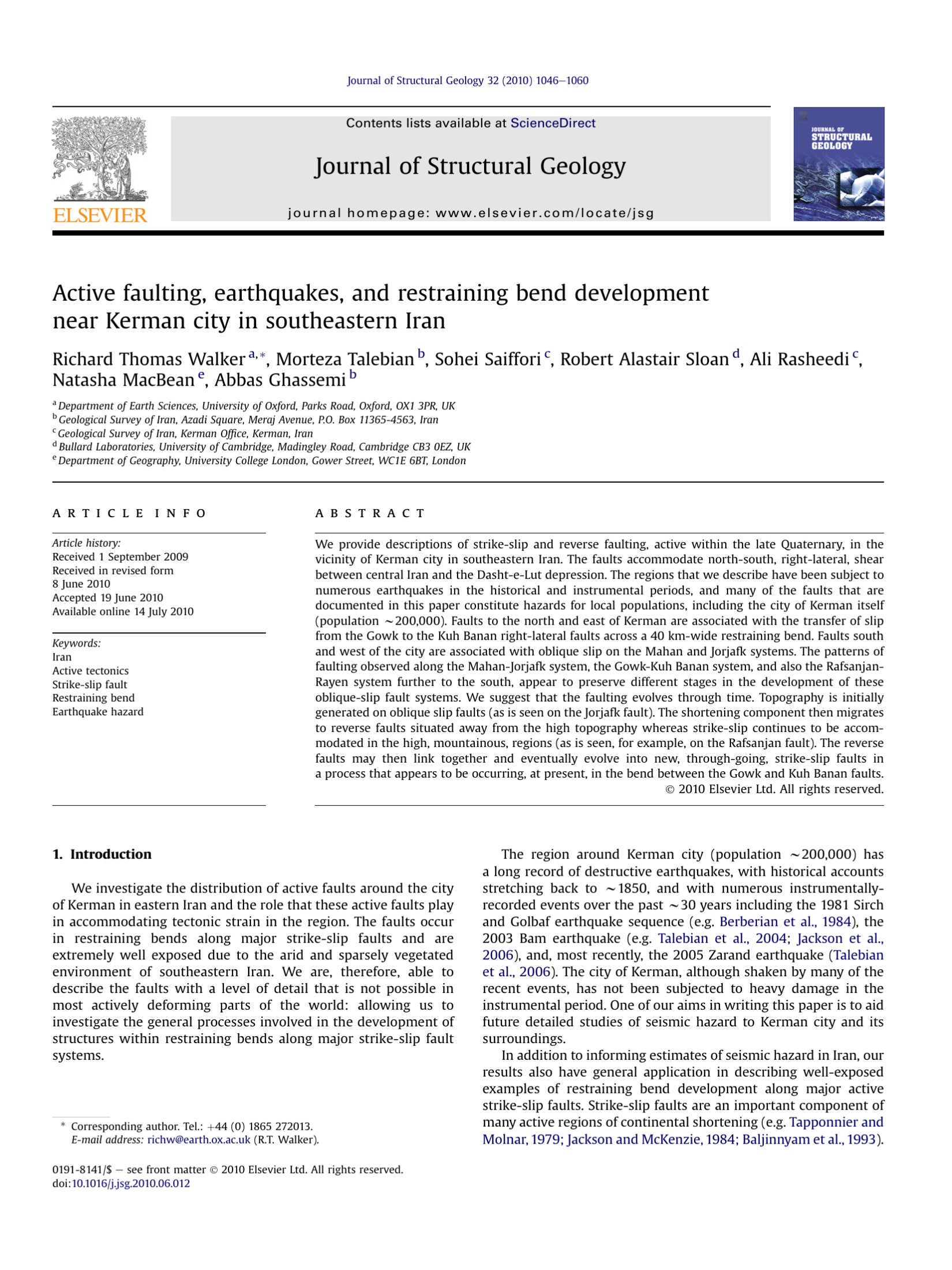 Active faulting, earthquakes, and restraining bend development near Kerman city in southeastern Iran