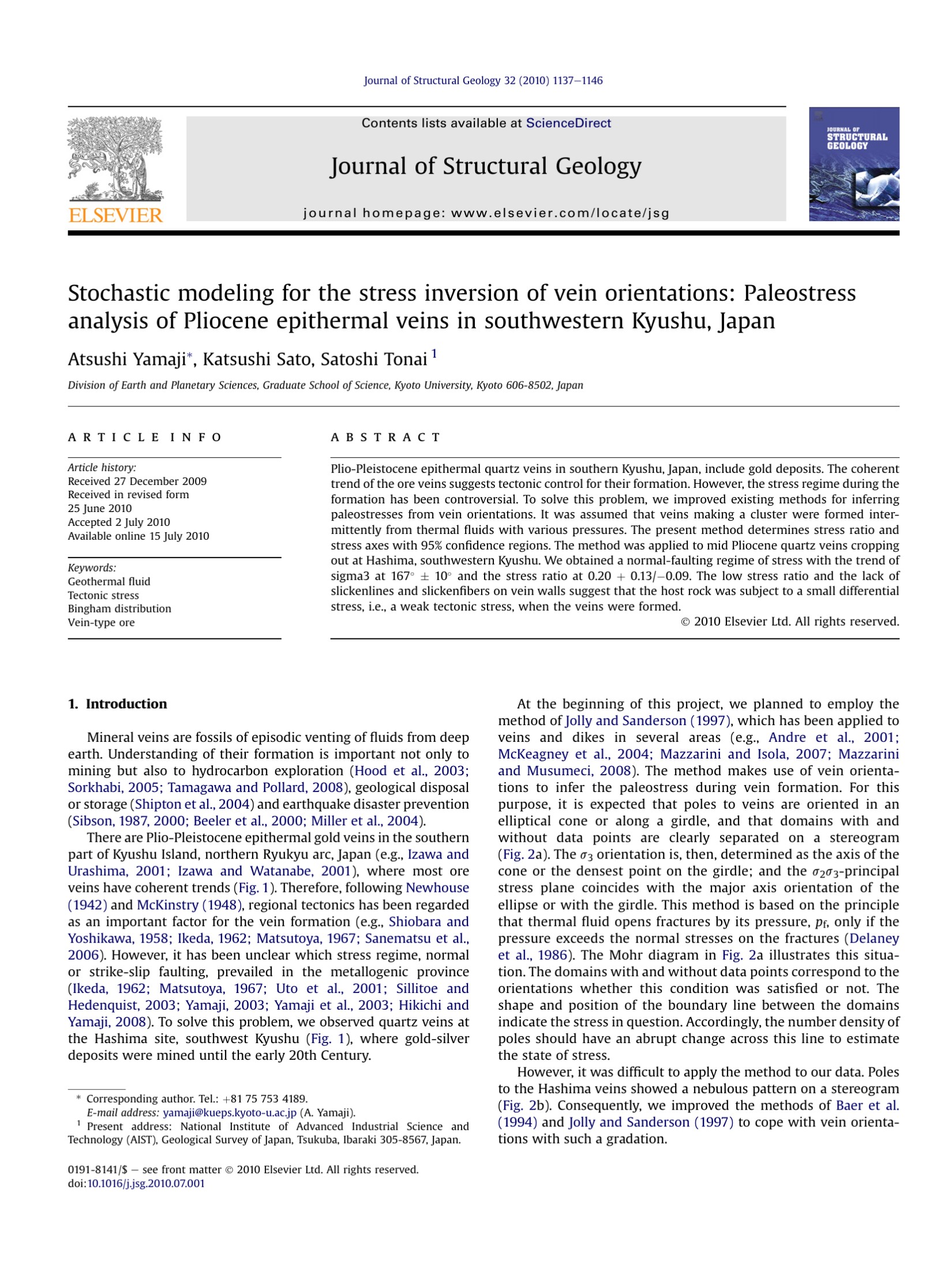 Stochastic modeling for the stress inversion of vein orientations: Paleostress analysis of Pliocene epithermal veins in southwestern Kyushu, Japan