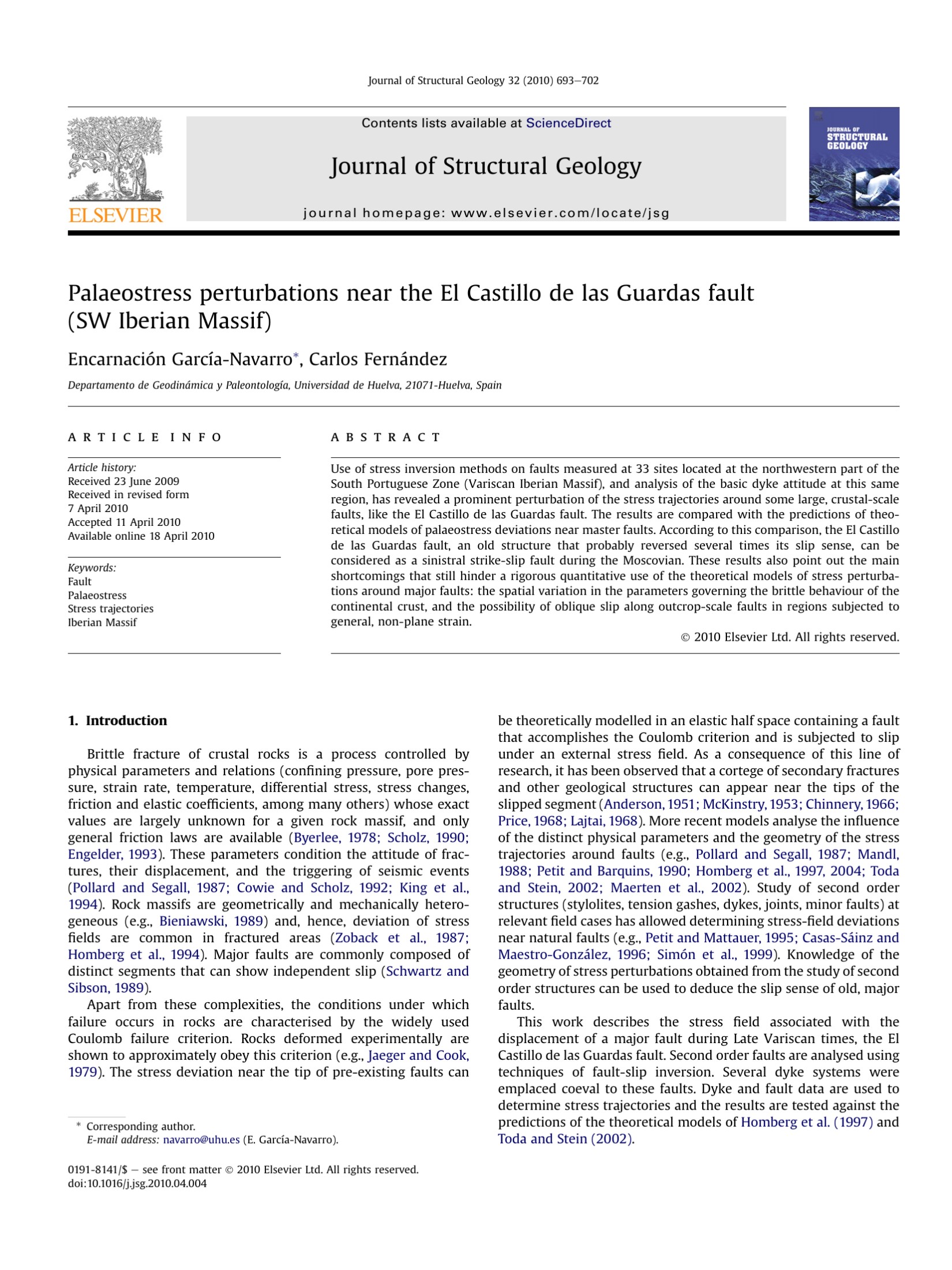 Palaeostress perturbations near the El Castillo de las Guardas fault (SW Iberian Massif)