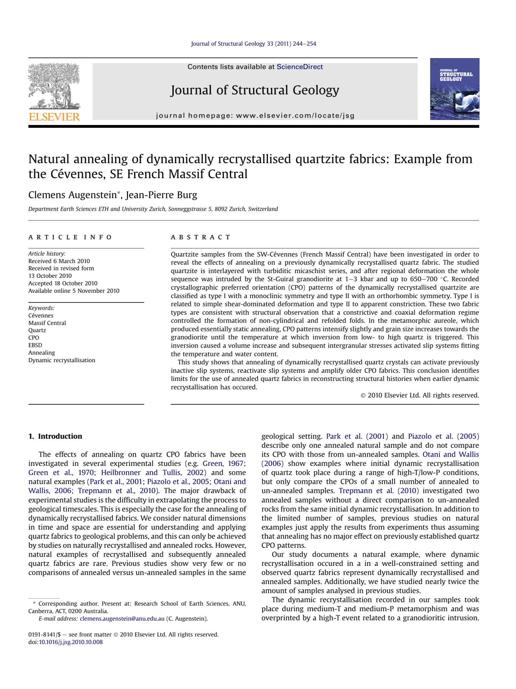 Natural annealing of dynamically recrystallised quartzite fabrics: Example from the C?vennes, SE French Massif Central