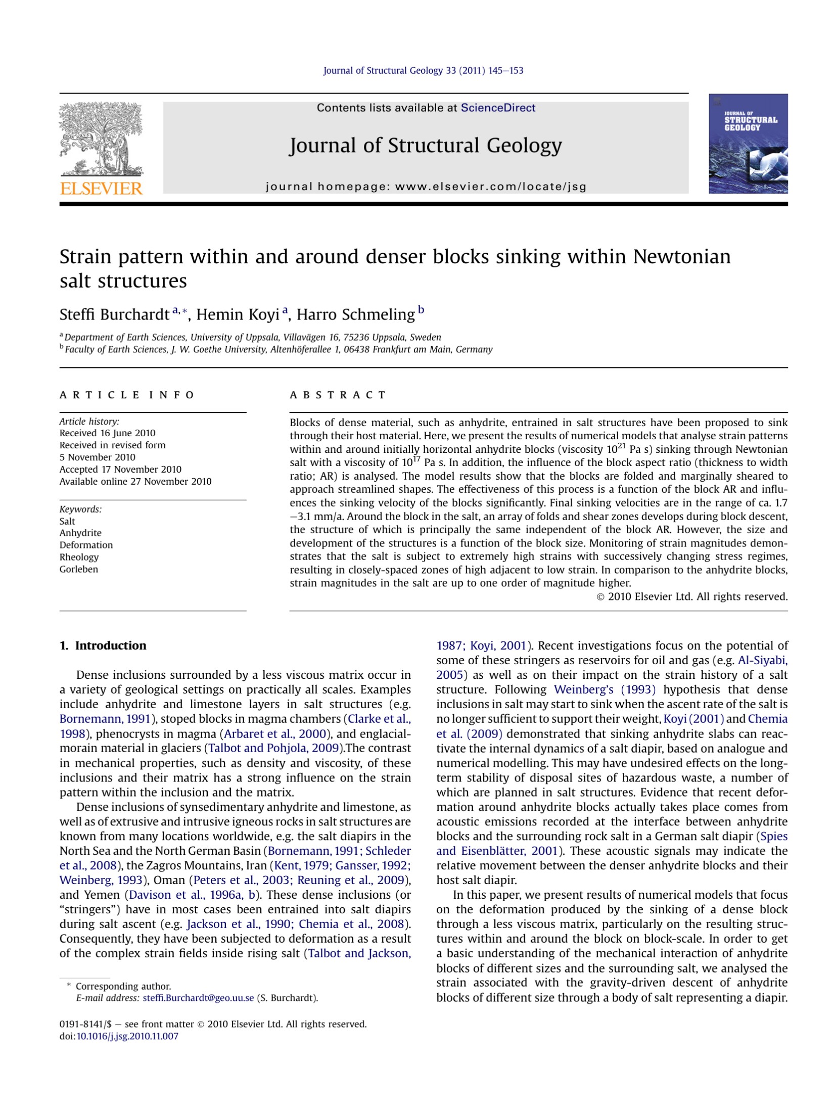 Strain pattern within and around denser blocks sinking within Newtonian salt structures