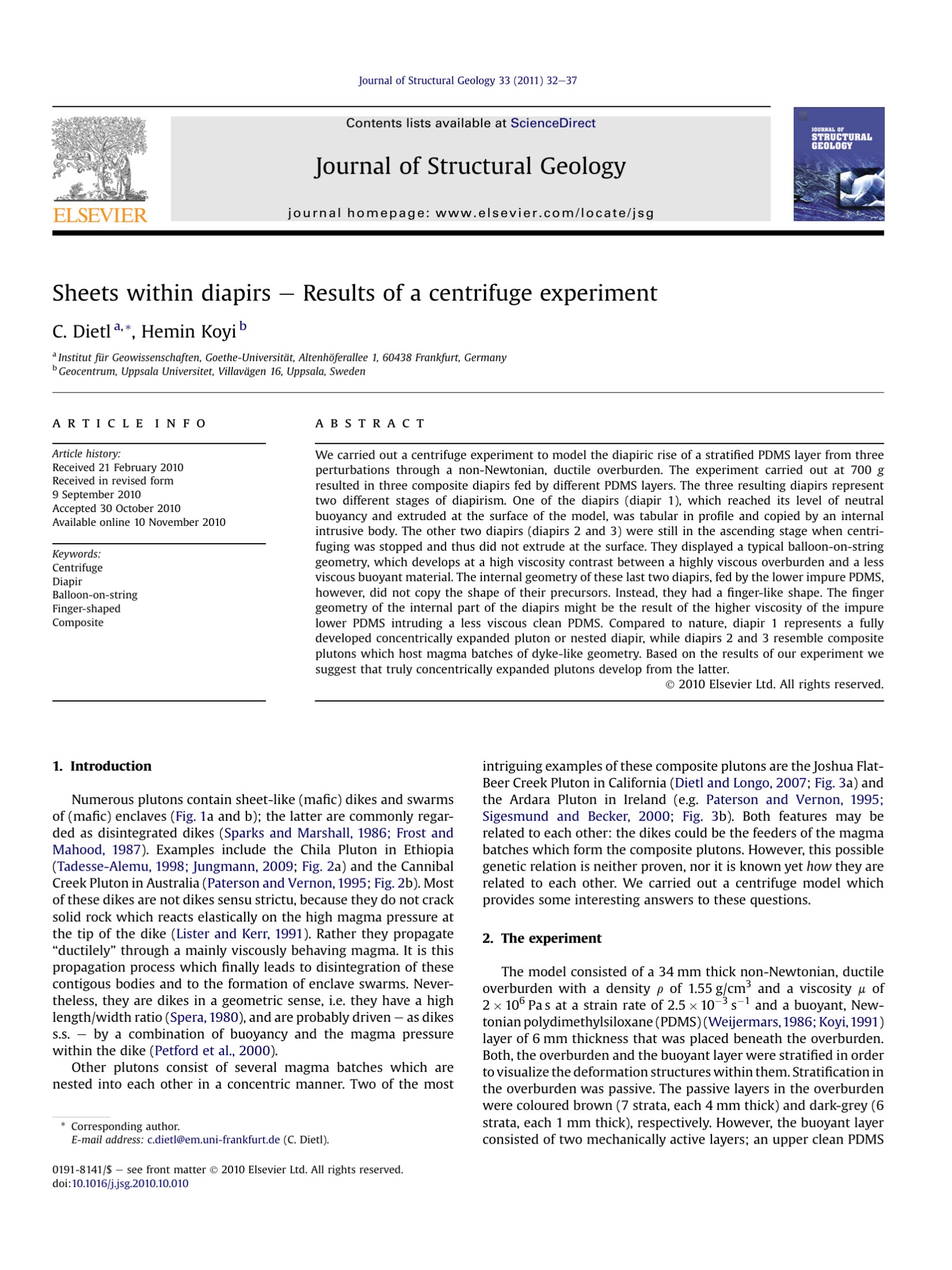 Sheets within diapirs e Results of a centrifuge experiment