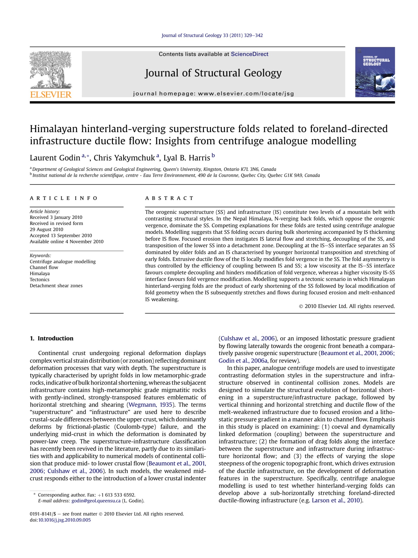 Himalayan hinterland-verging superstructure folds related to foreland-directed infrastructure ductile flow: Insights from centrifuge analogue modelling
