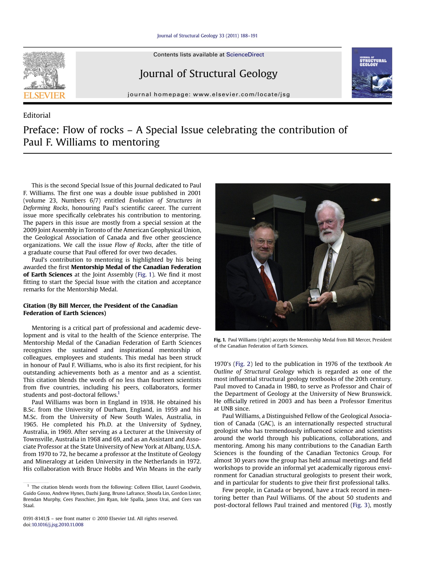 Flow of Rocks – A Special Issue celebrating the contribution of Paul F. Williams to mentoring