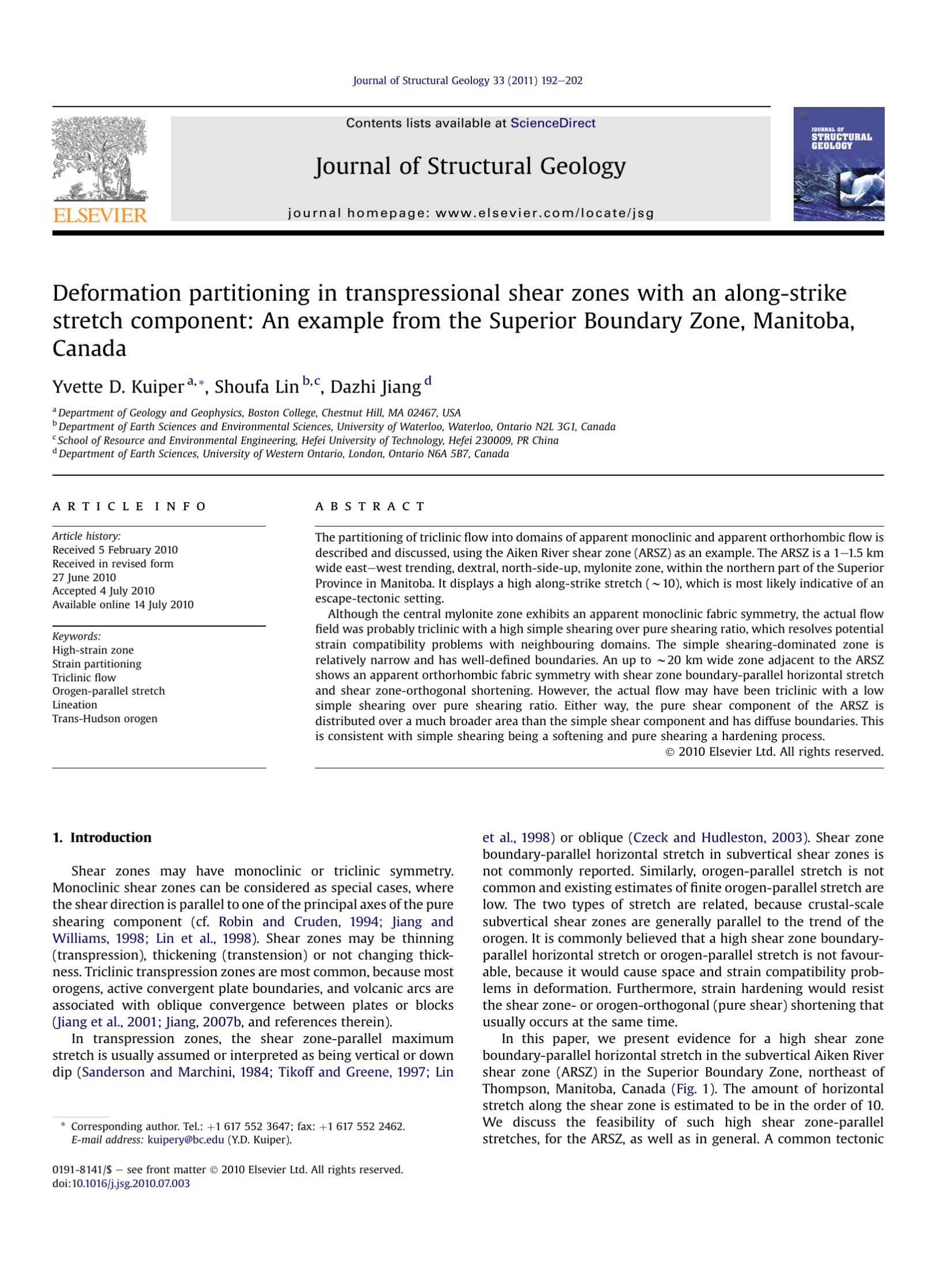 Deformation partitioning in transpressional shear zones with an along-strike stretch component: An example from the Superior Boundary Zone, Manitoba, Canada