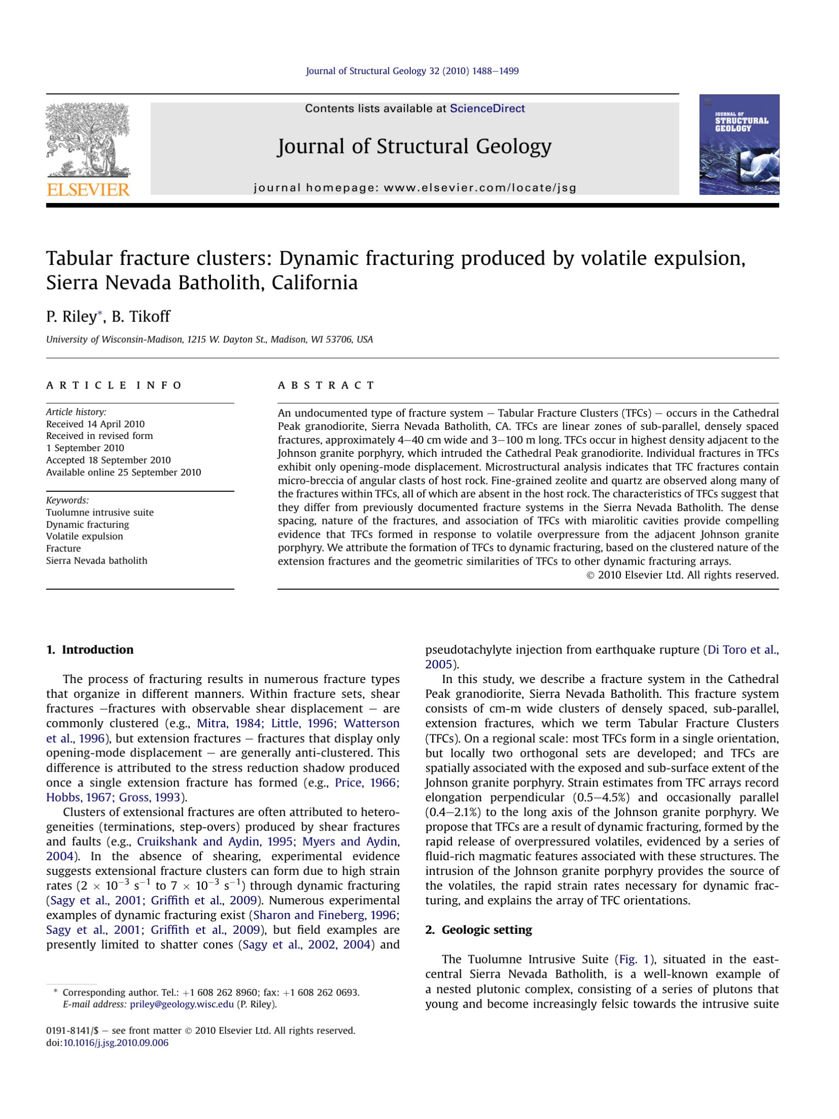 Tabular fracture clusters: Dynamic fracturing produced by volatile expulsion, Sierra Nevada Batholith, California