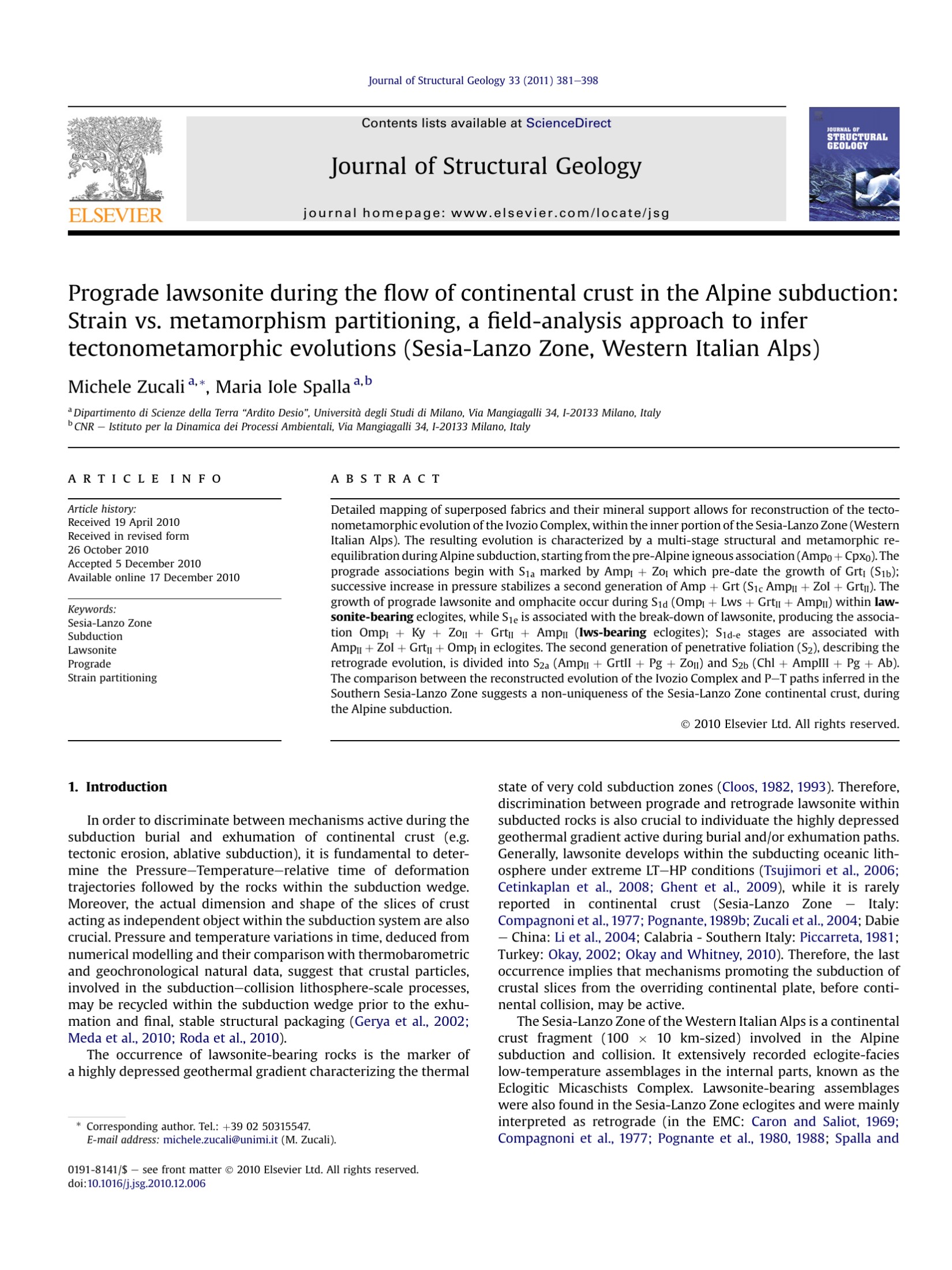 Prograde lawsonite during the flow of continental crust in the Alpine subduction: Strain vs. metamorphism partitioning, a field-analysis approach to infer tectonometamorphic evolutions (Sesia-Lanzo Zone, Western Italian Alps)