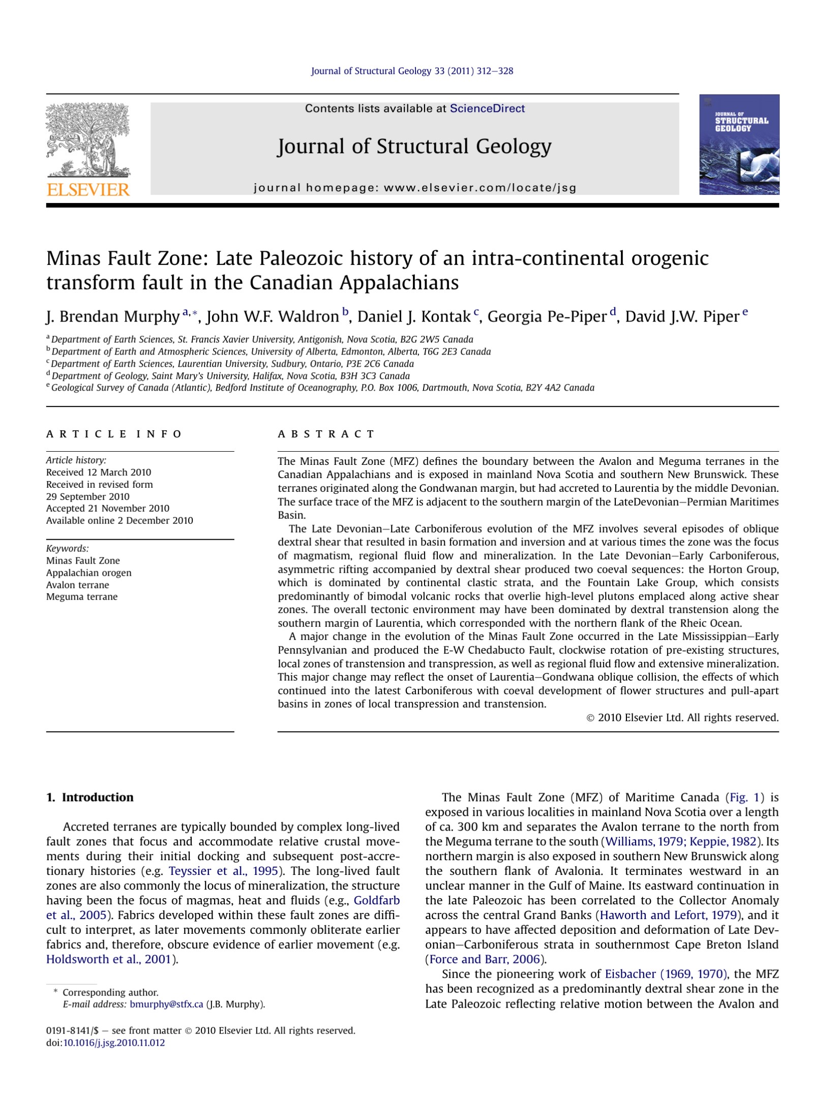 Minas Fault Zone: Late Paleozoic history of an intra-continental orogenic transform fault in the Canadian Appalachians
