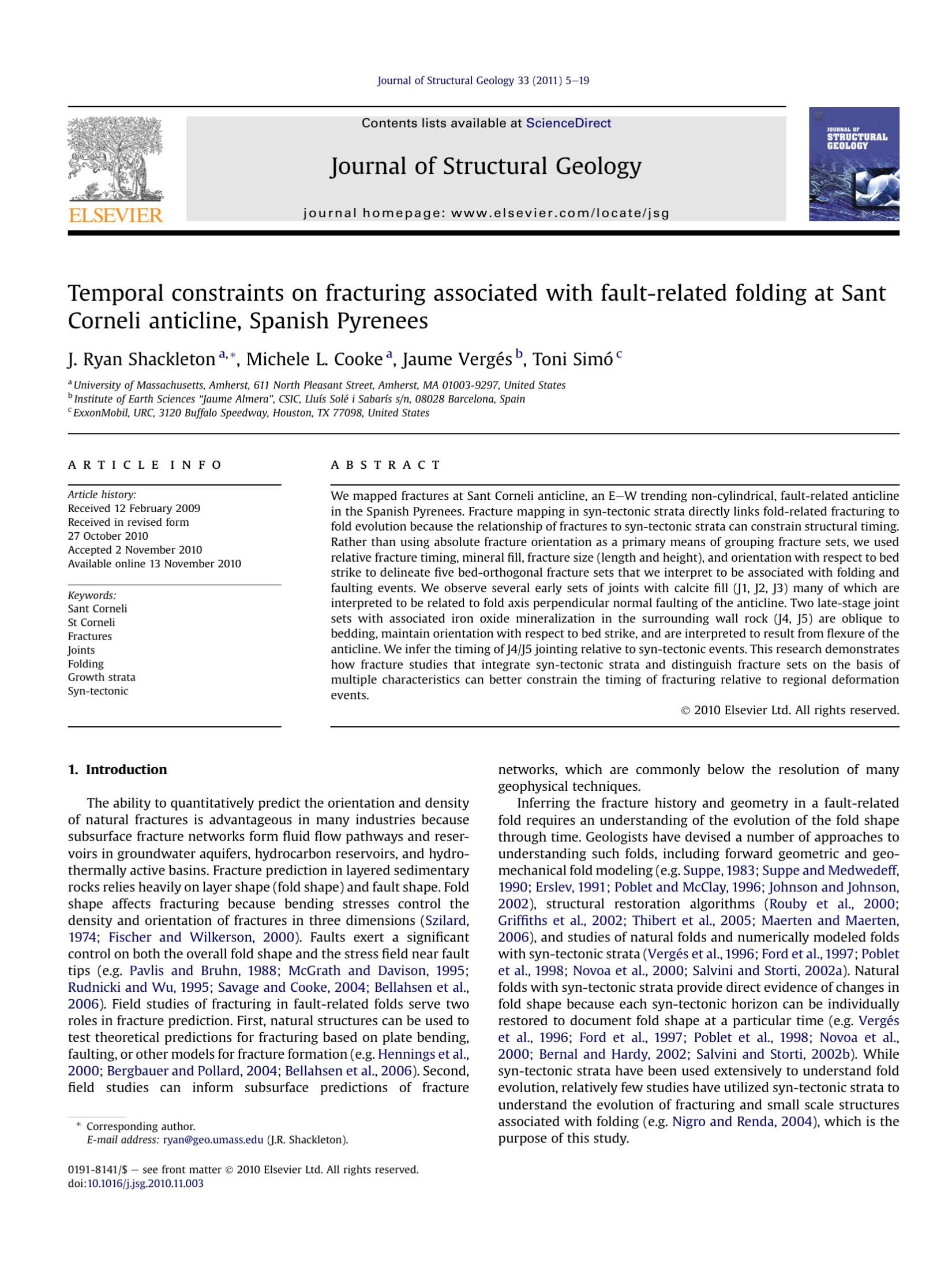 Temporal constraints on fracturing associated with fault-related folding at Sant Corneli anticline, Spanish Pyrenees