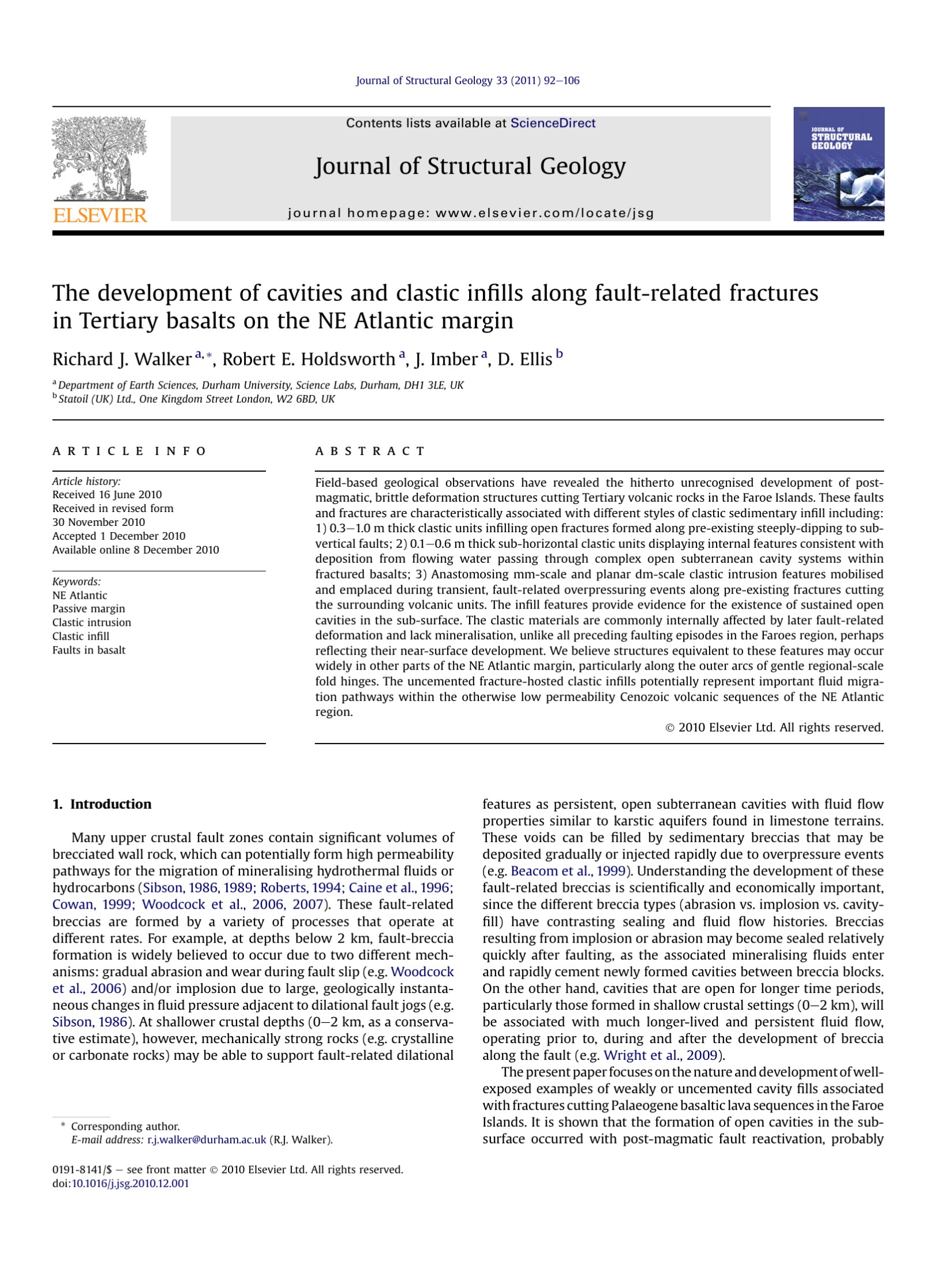 The development of cavities and clastic inп¬ﬁlls along fault-related fractures in Tertiary basalts on the NE Atlantic margin