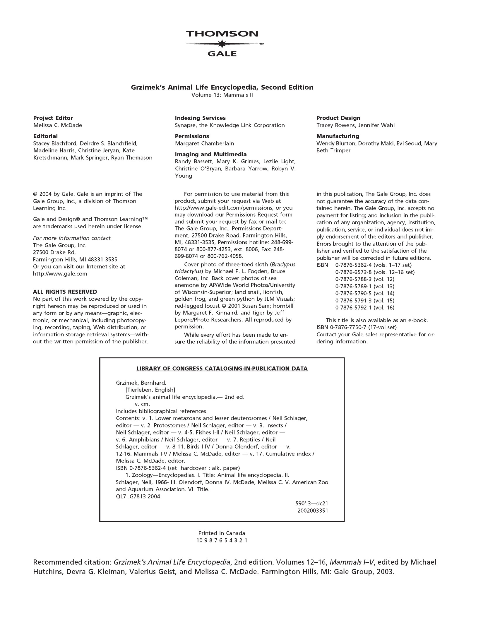 Grzimek's Animal Life Encyclopedia, Second Edition Volume 13: Mammals II