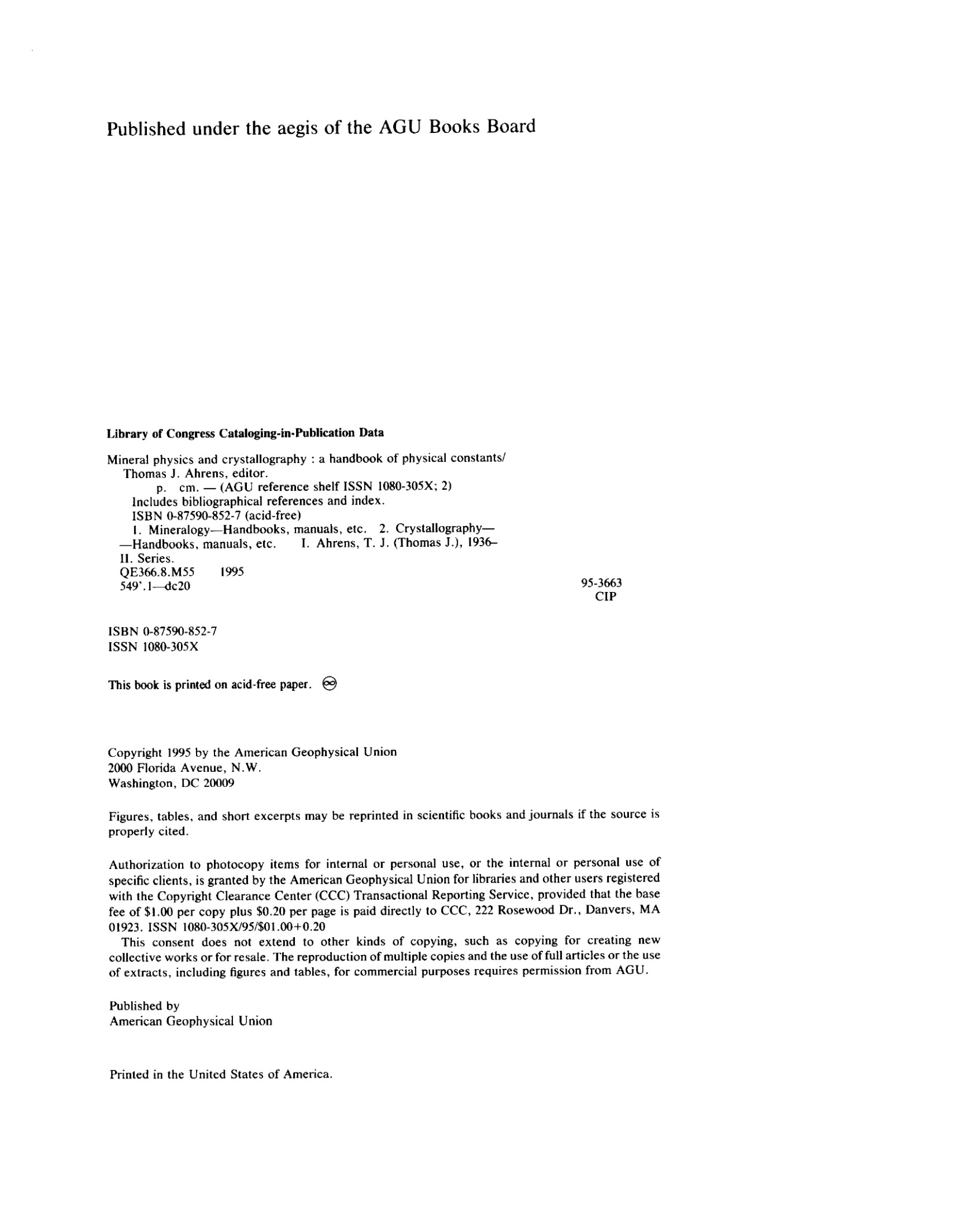 Mineral physics and crystallography : a handbook of physical constants
