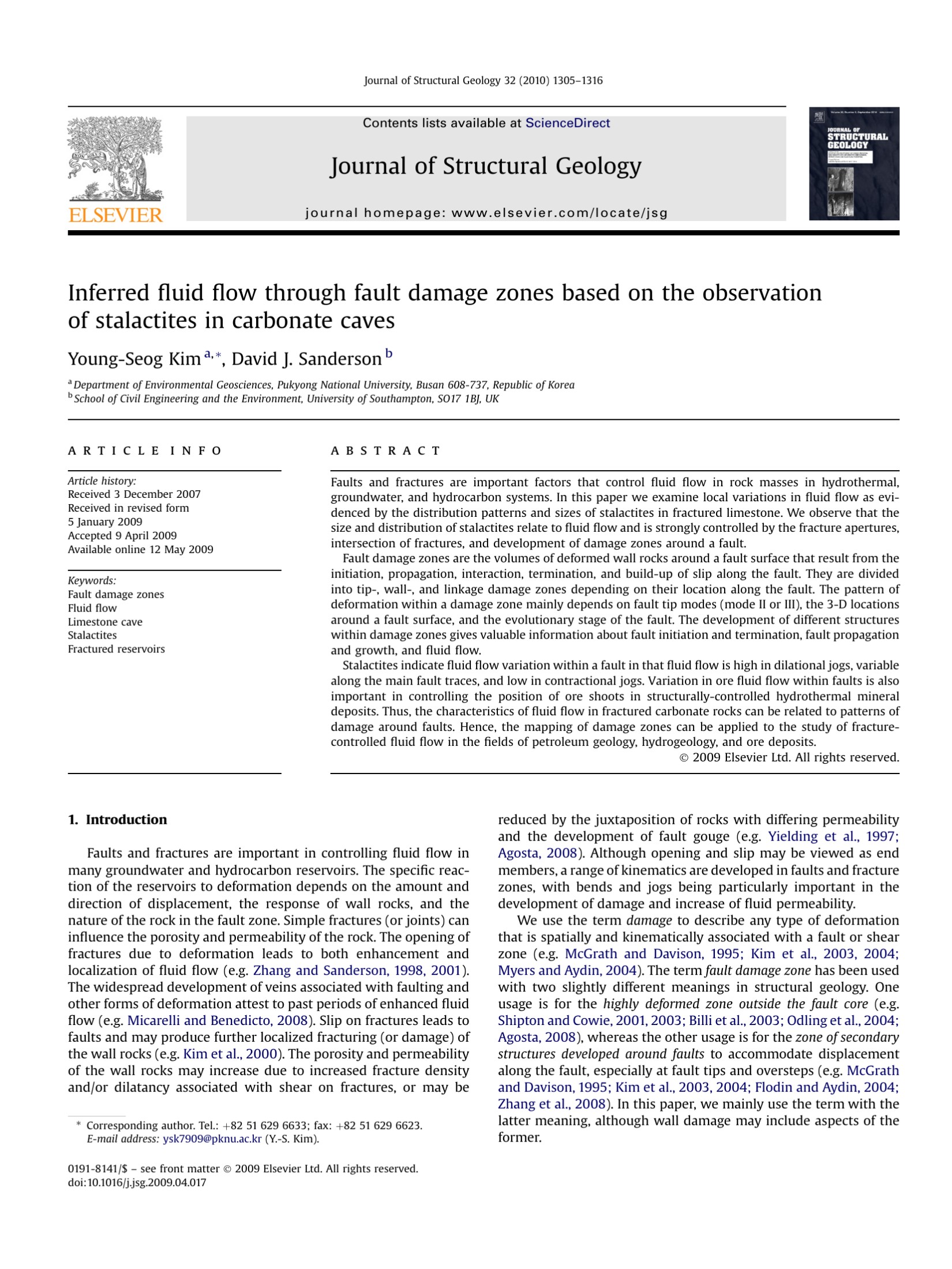Inferred п¬‚uid п¬‚ow through fault damage zones based on the observation of stalactites in carbonate caves